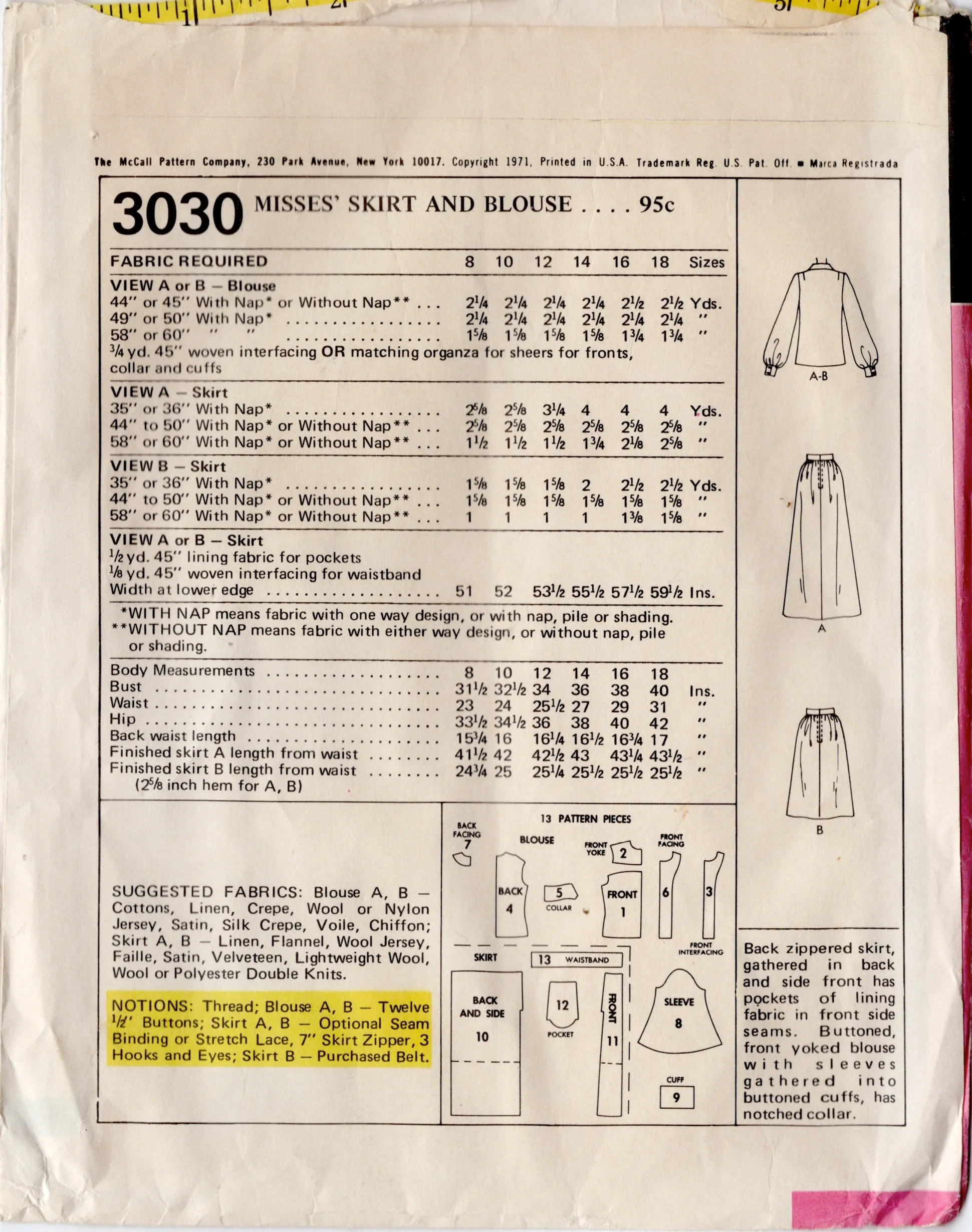 1970's McCall's UFO Button Up Blouse and Maxi or Midi Skirt Pattern - Bust 38" - No. 3030