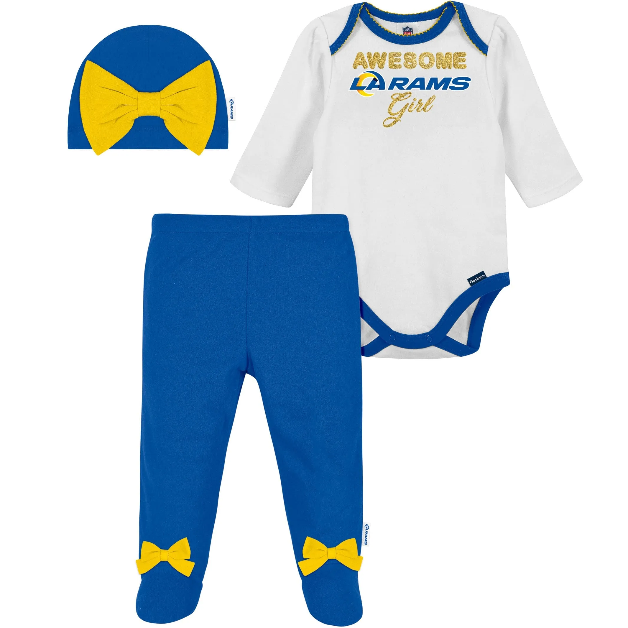 3-Piece Baby Girls Rams Bodysuit, Footed Pant, & Cap Set