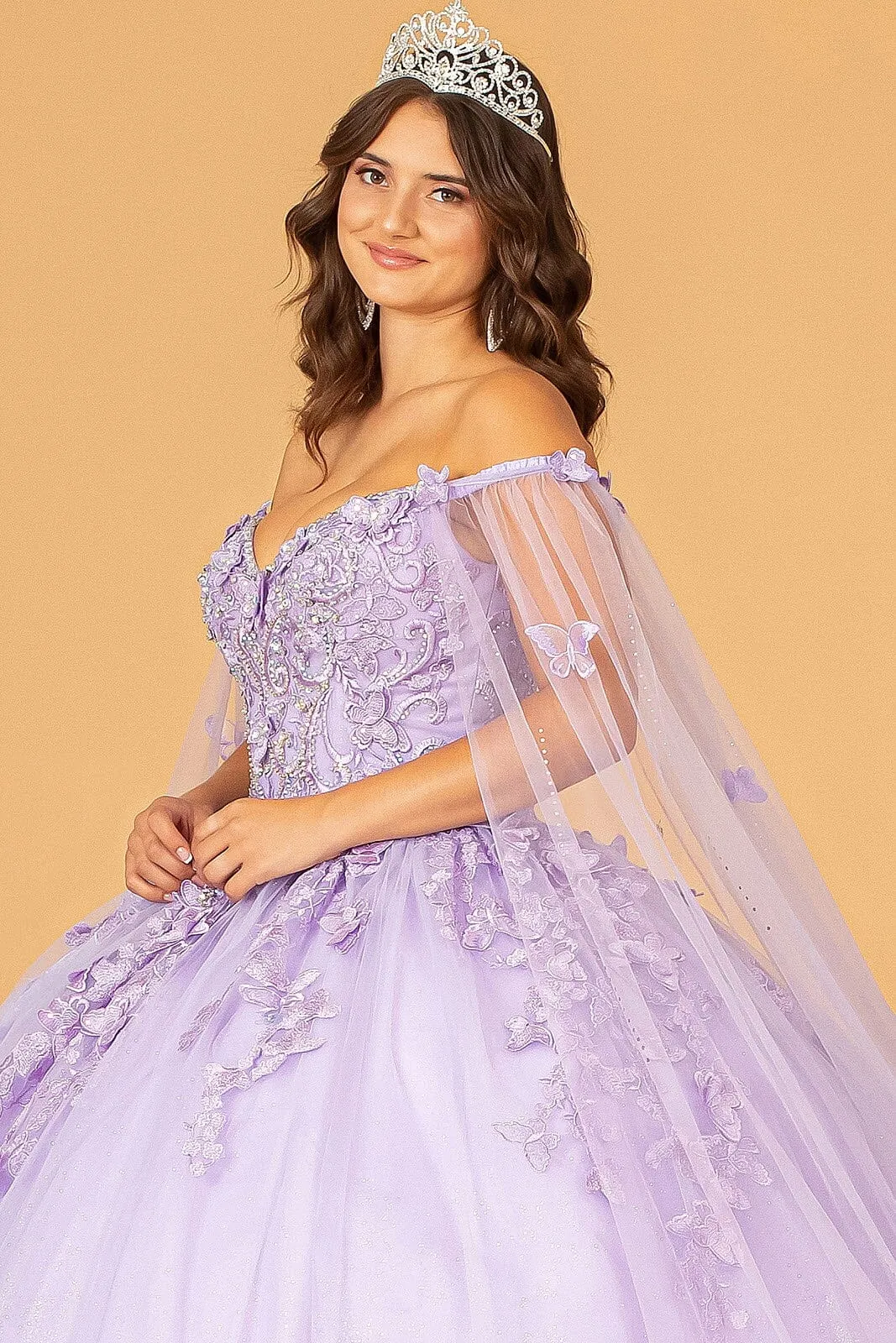 3D Butterfly Cape Sleeve Ball Gown by Elizabeth K GL3110