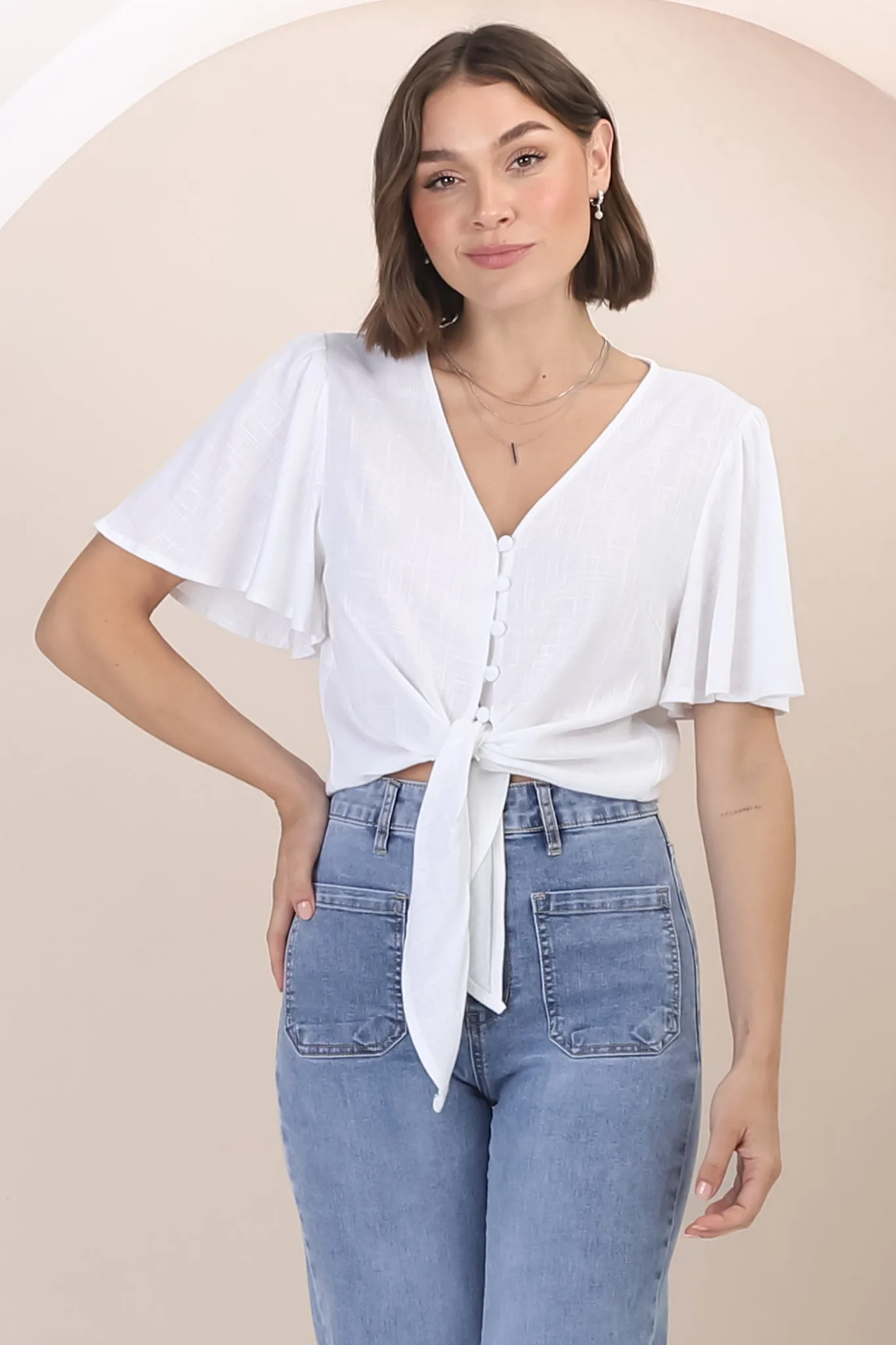 Adiana Top - Button Down Cape Sleeve Top with Tie Detail in White