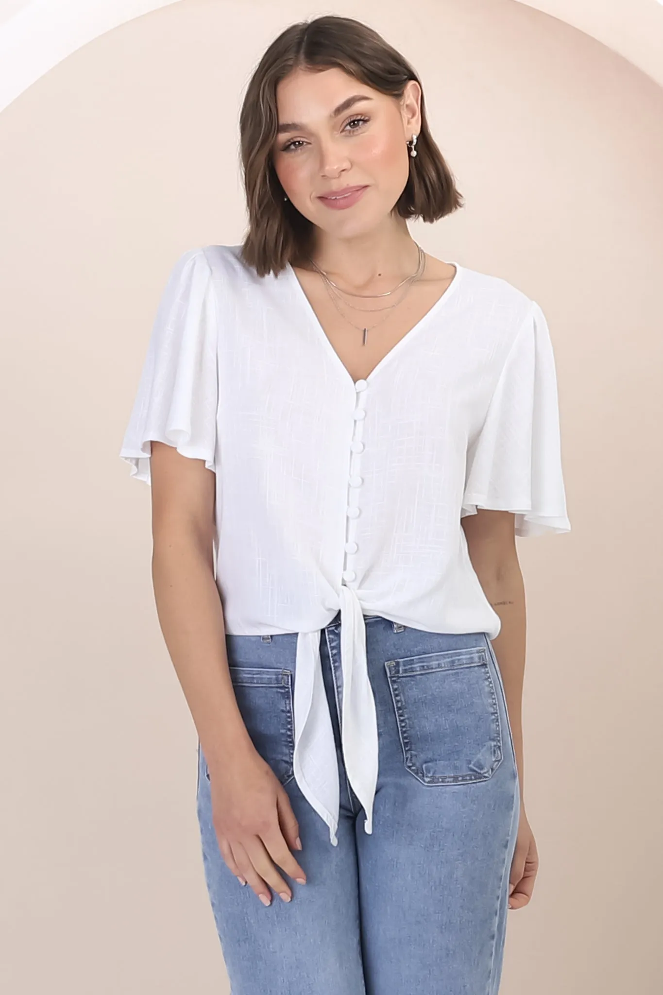 Adiana Top - Button Down Cape Sleeve Top with Tie Detail in White