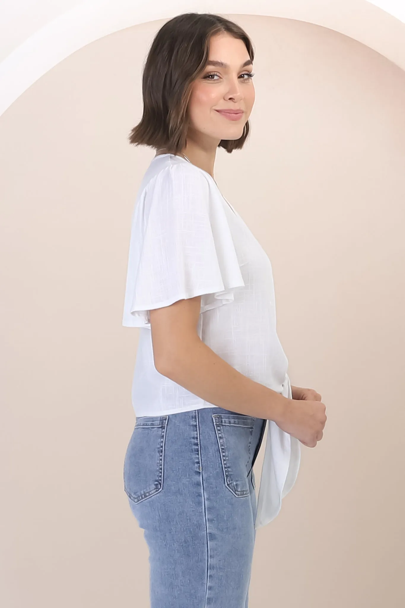 Adiana Top - Button Down Cape Sleeve Top with Tie Detail in White