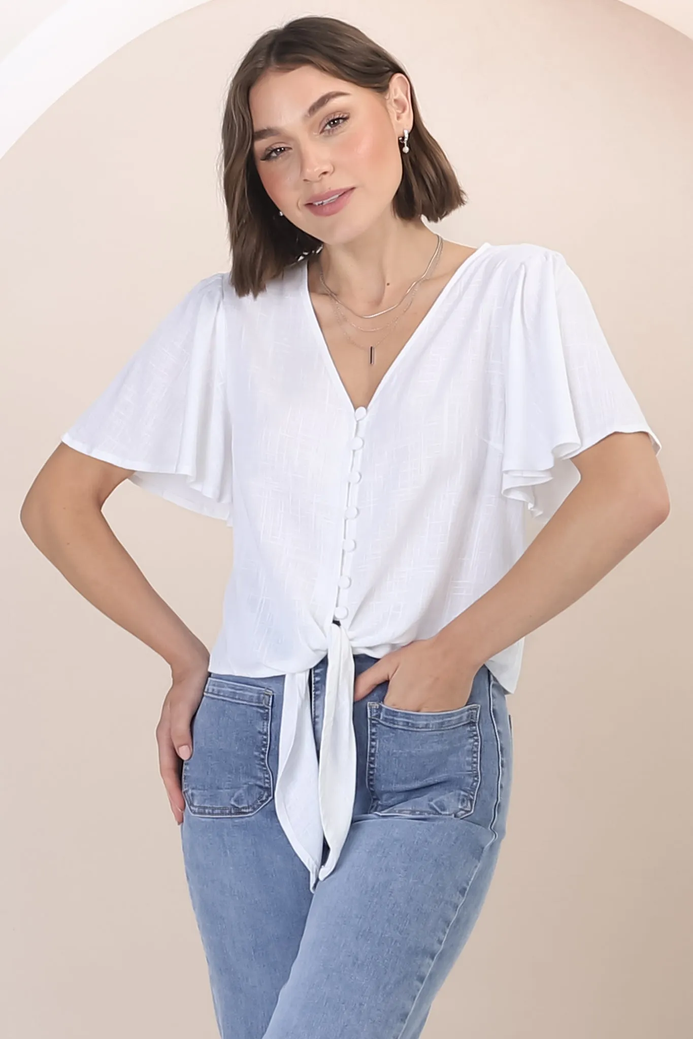 Adiana Top - Button Down Cape Sleeve Top with Tie Detail in White