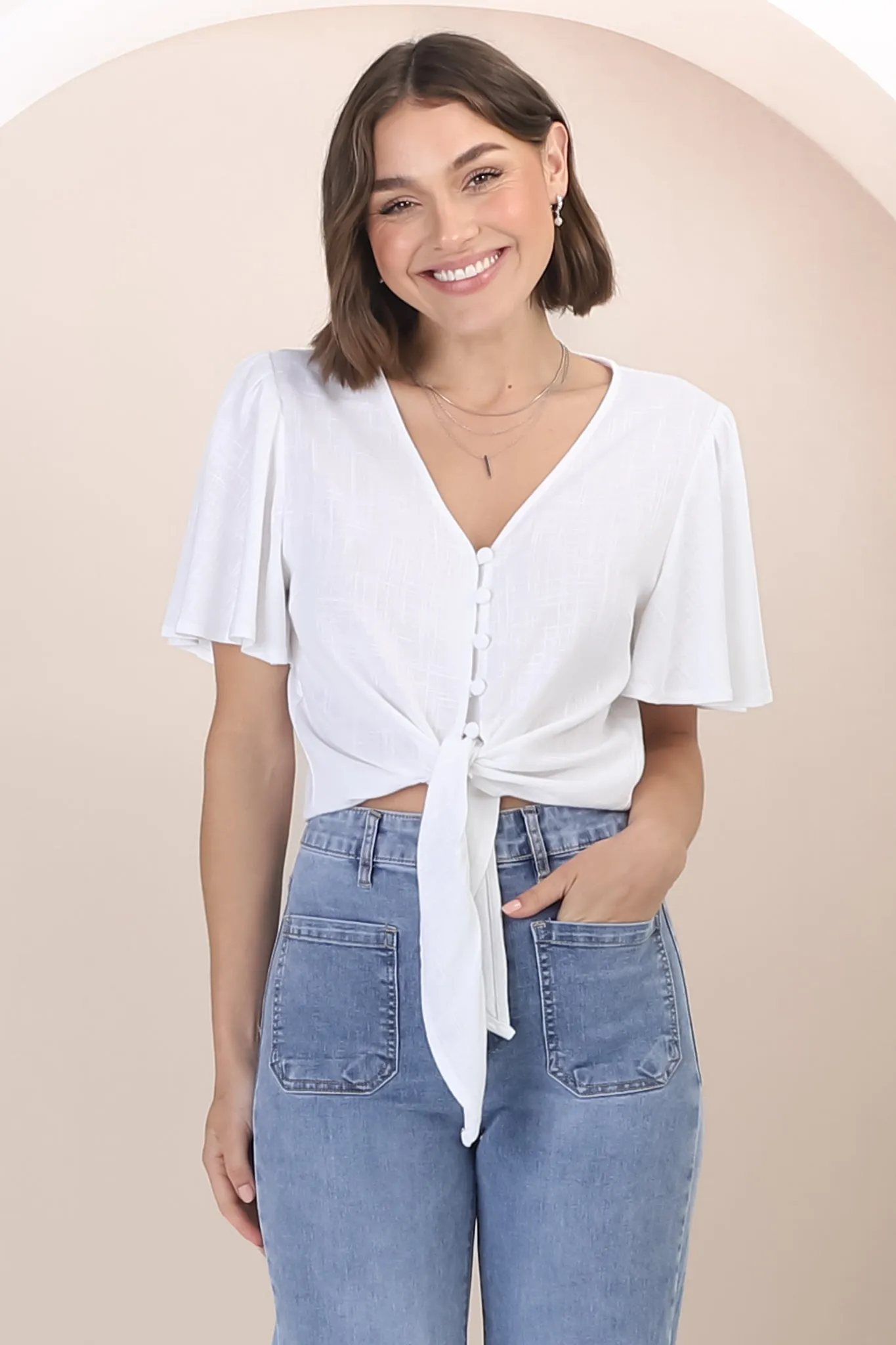 Adiana Top - Button Down Cape Sleeve Top with Tie Detail in White