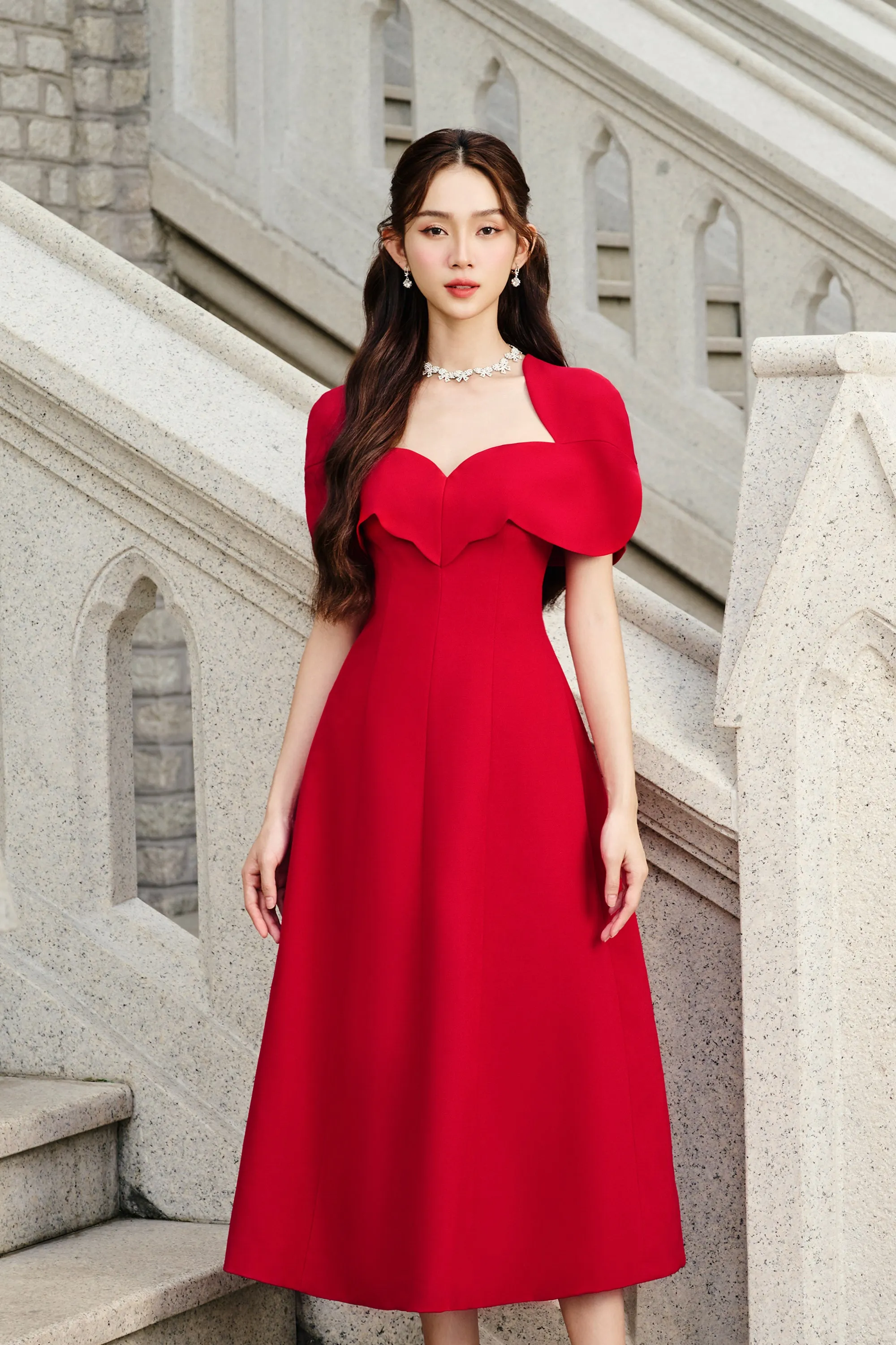 Amore A-line Queen Anne Neck Silk Crepe Midi Dress