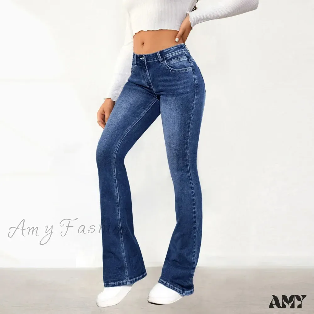 Amy Fashion - Stretch Slim Retro High Waist Stitching Washed Bell-Bottom Fashionable Stylish Elegant Jean