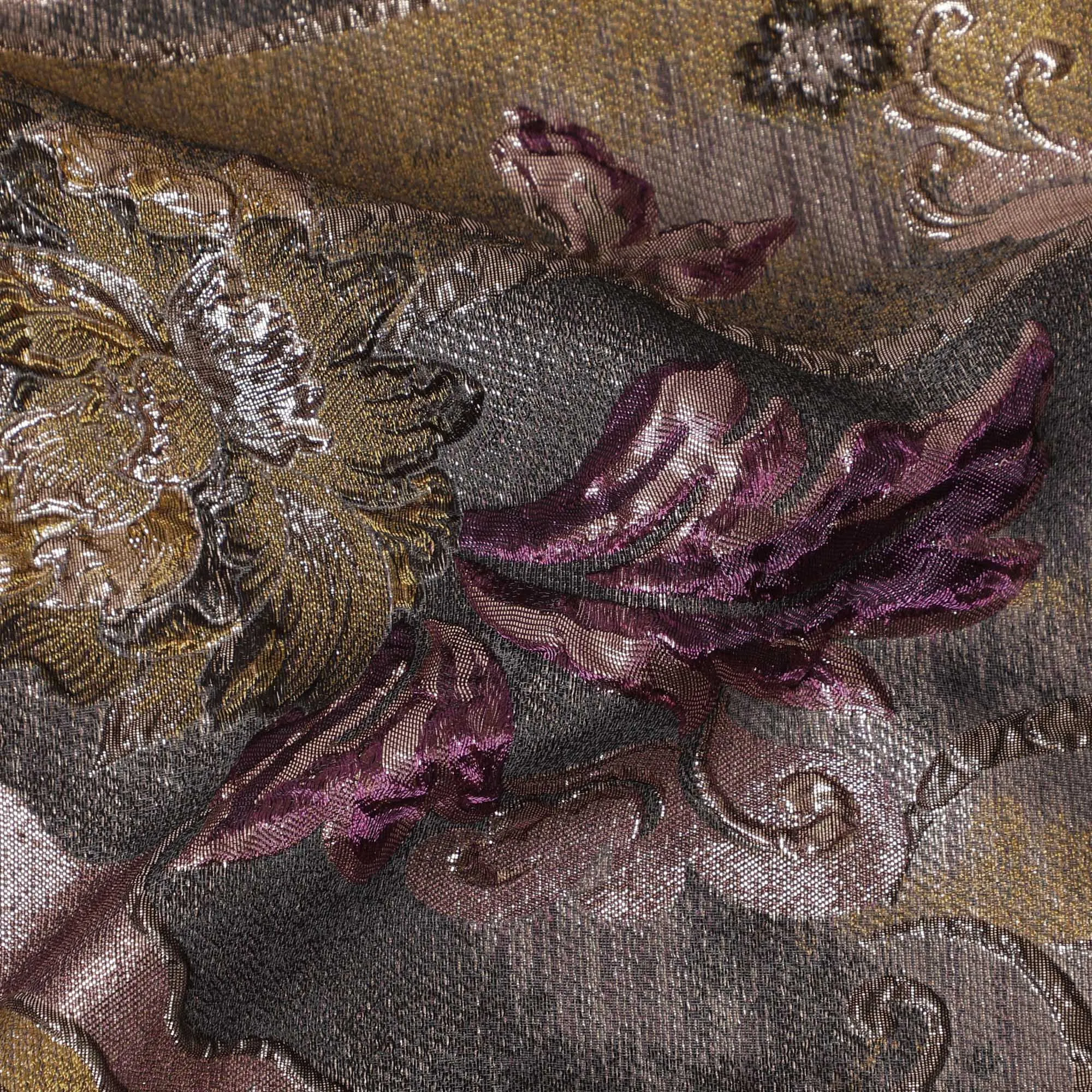 Antique Gold and Burgundy Synthetic Brocade Fabric with Floral Swirl Design - 140 cm Width-D19803