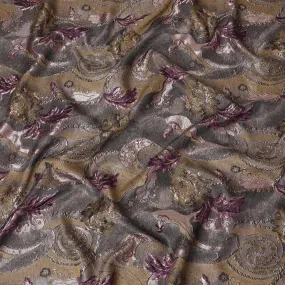 Antique Gold and Burgundy Synthetic Brocade Fabric with Floral Swirl Design - 140 cm Width-D19803