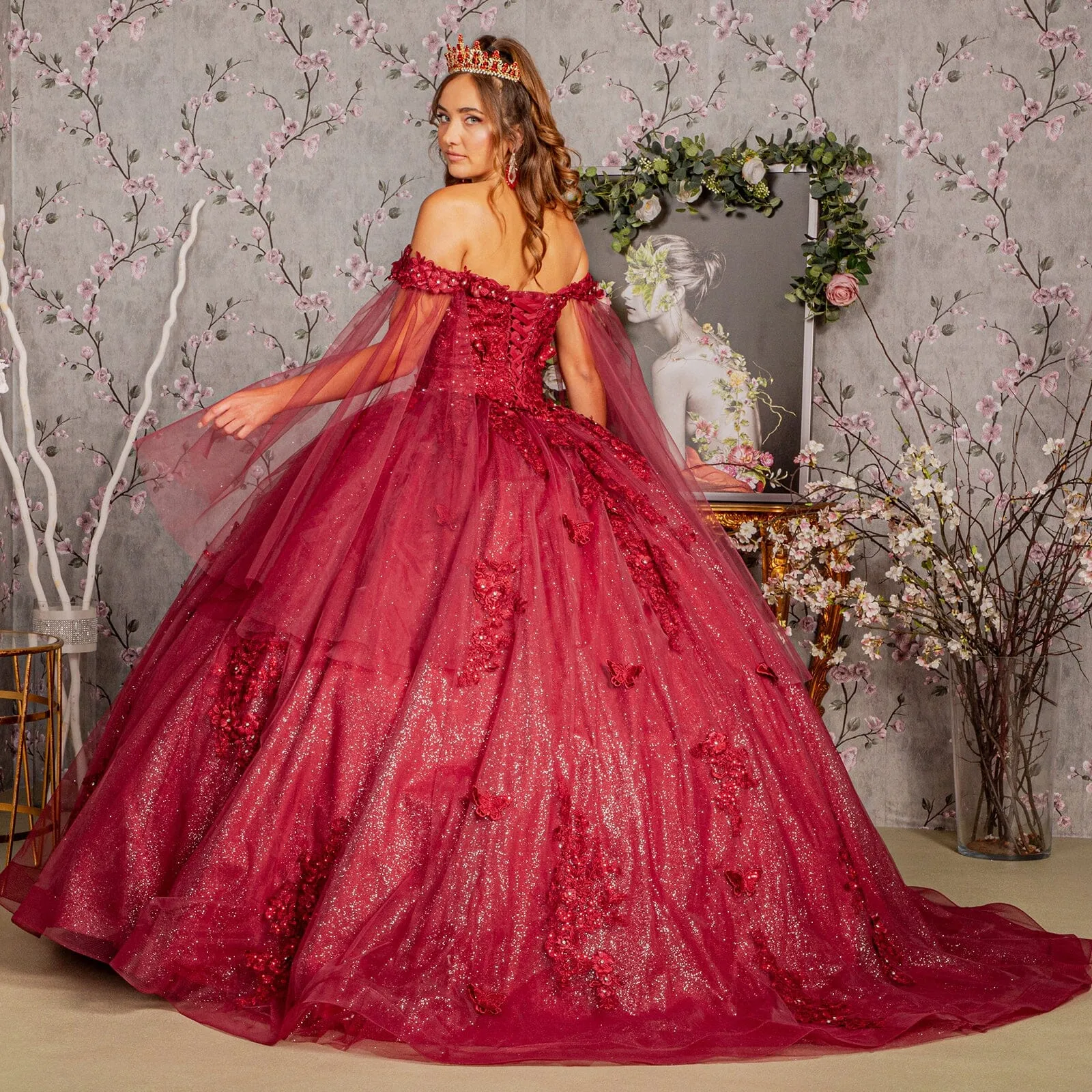 Applique Cape Sleeve Ball Gown by Elizabeth K GL3181