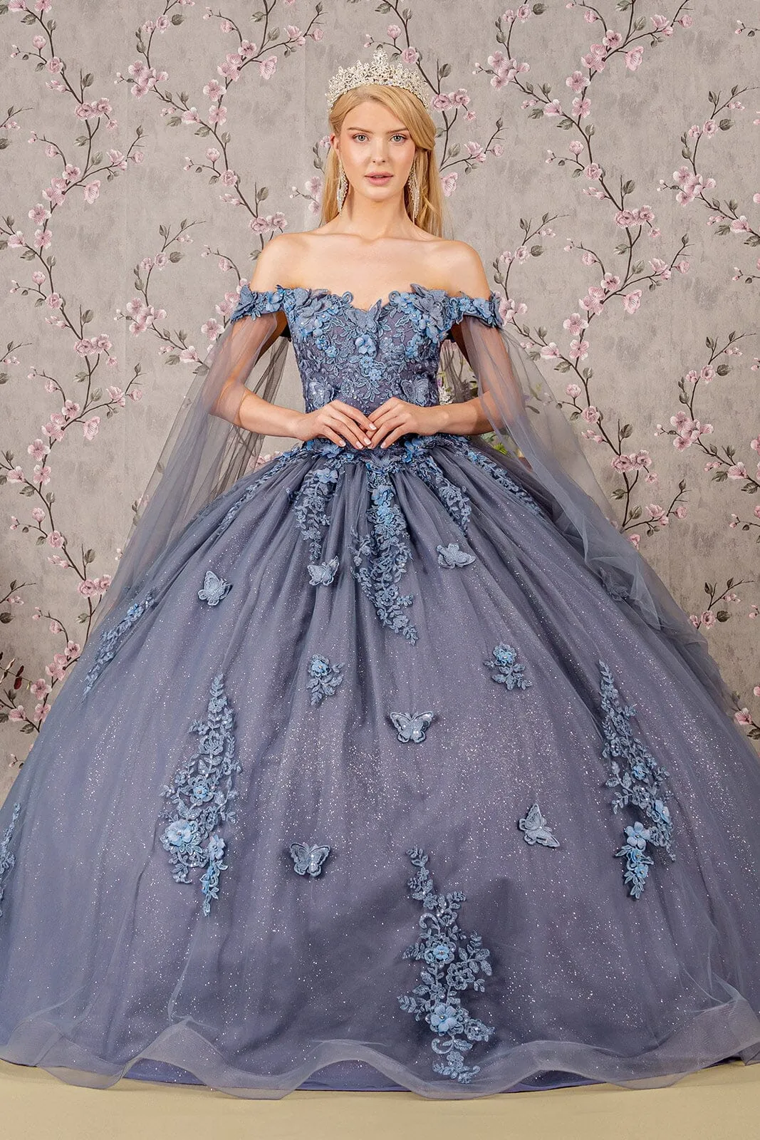 Applique Cape Sleeve Ball Gown by Elizabeth K GL3181