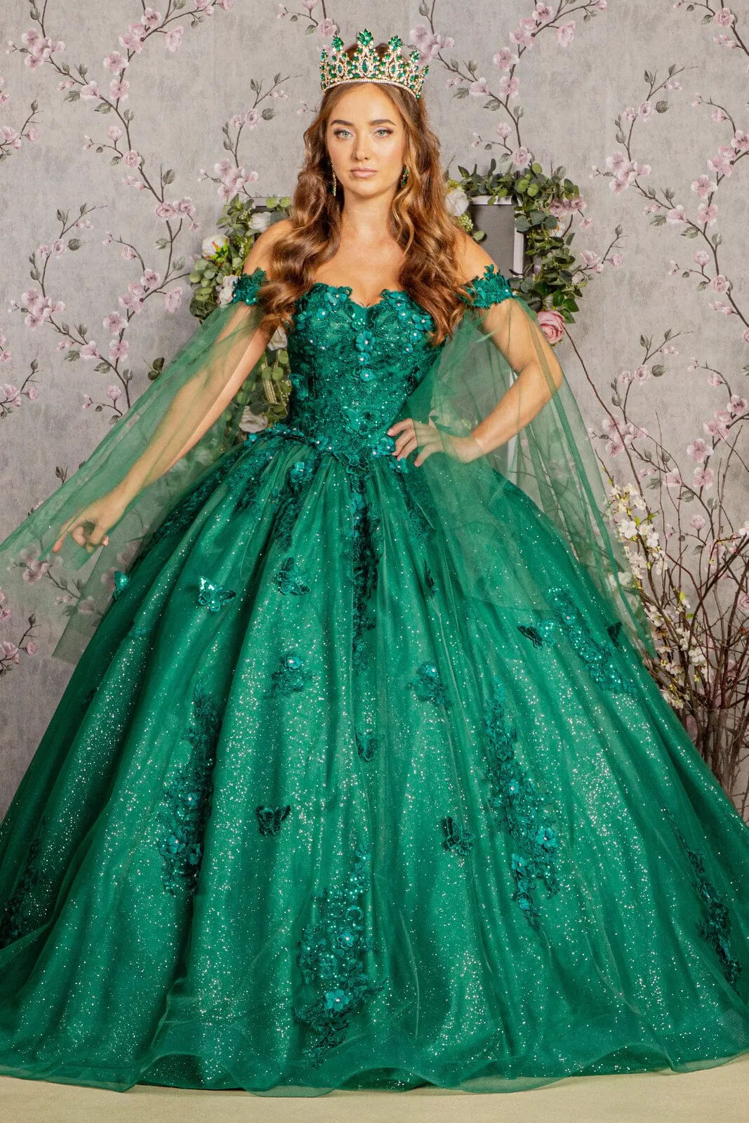 Applique Cape Sleeve Ball Gown by Elizabeth K GL3181