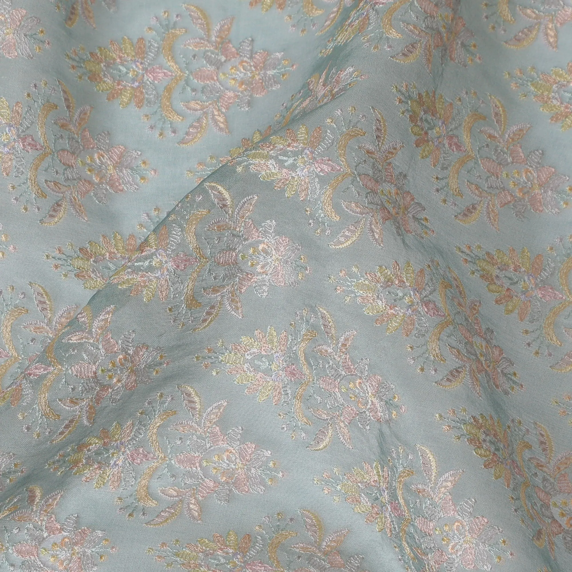 Aqua Blue Silk Organza Fabric with Intricate Pastel Floral Embroidery - 110 cm Wide - D19622