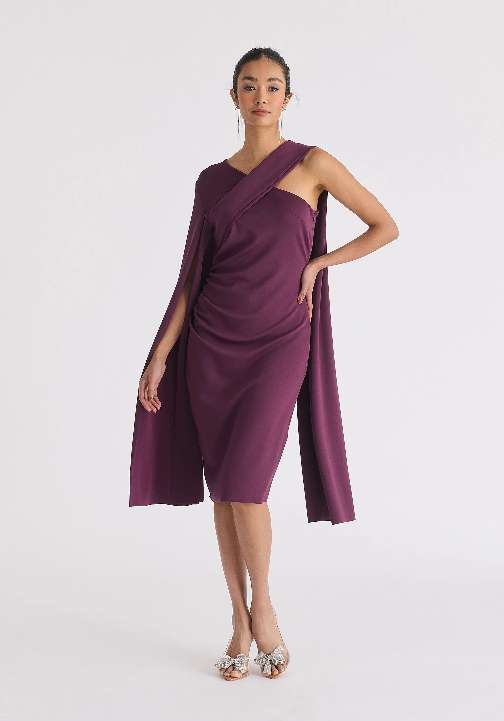 Asymmetric Draped Cape Sleeve Dress