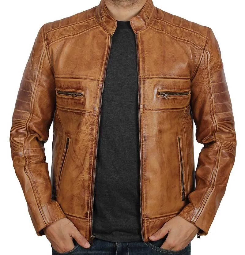 Austin Mens Cafe Racer Distressed Lambskin Tan Leather Jacket