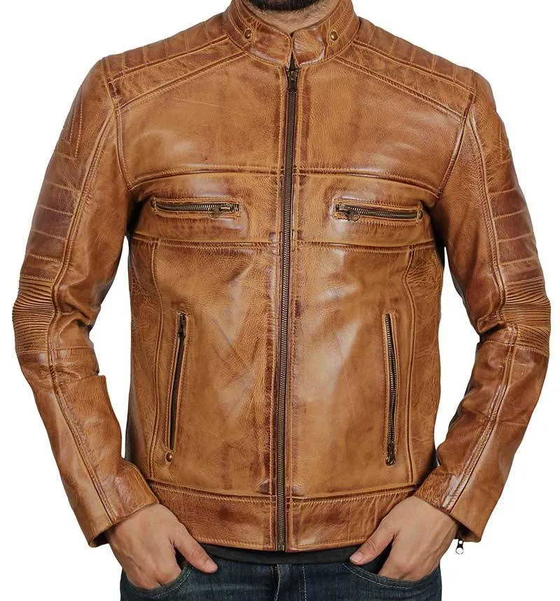 Austin Mens Cafe Racer Distressed Lambskin Tan Leather Jacket