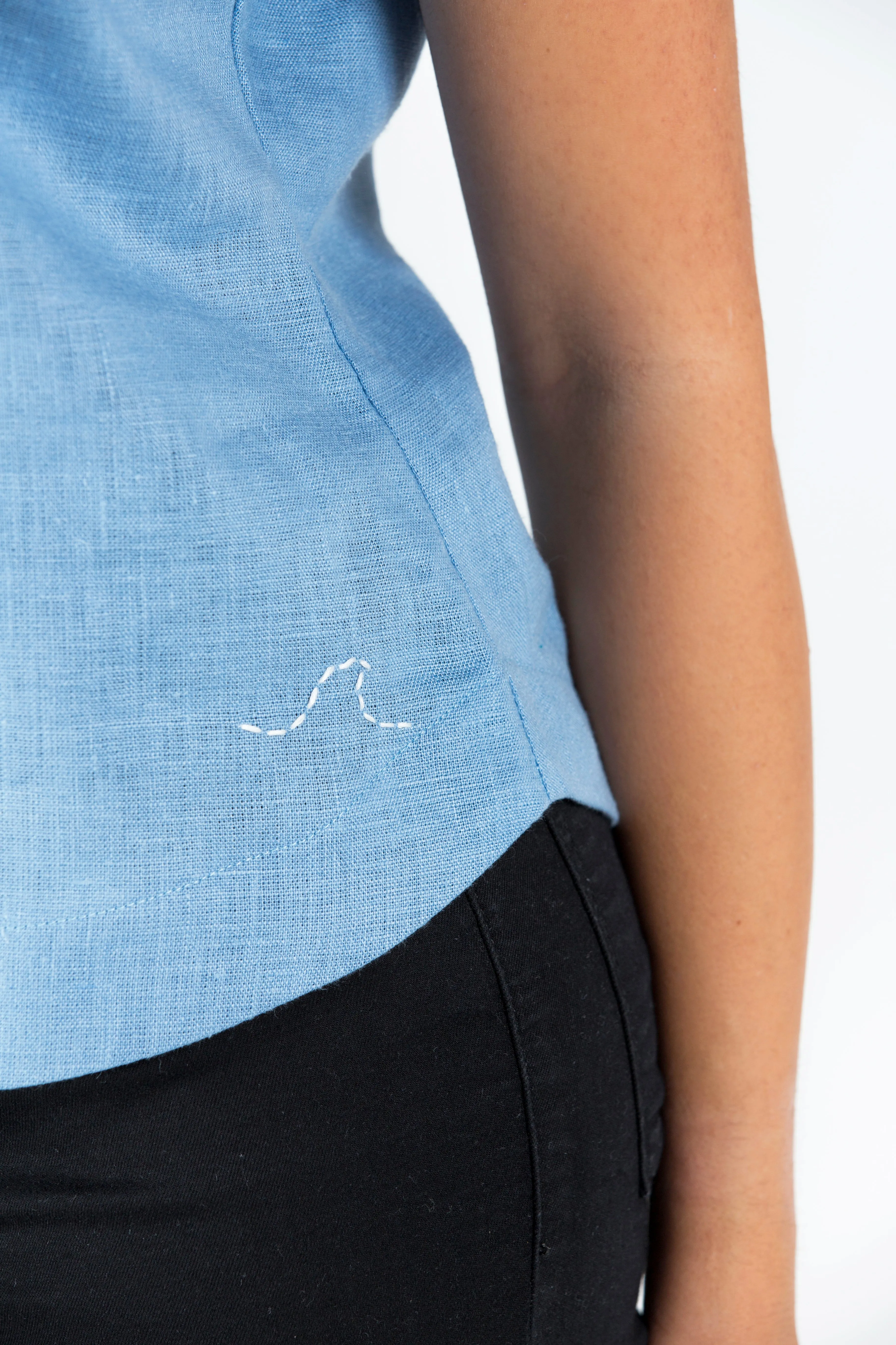 Azzurro Linen Short Sleeve Shirt with Wave Hand Embroidered Detail