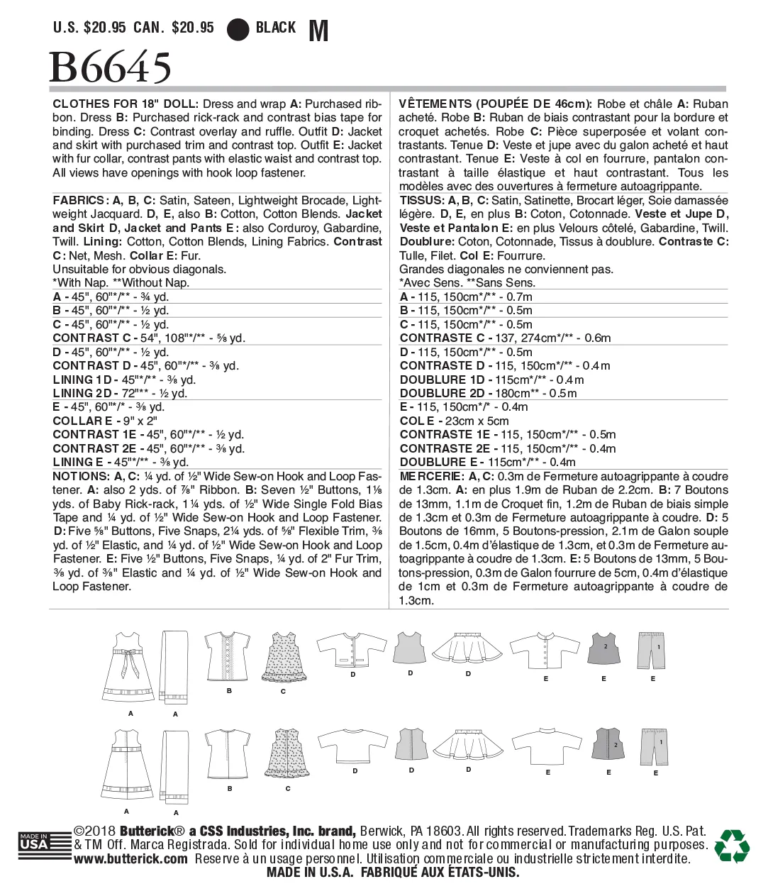 B6645 Clothes For 18" Doll (Size: One Size Only)