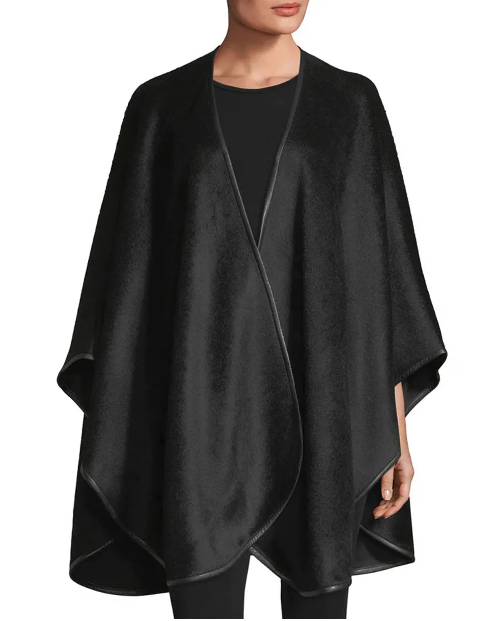 Baby Alpaca Leather Trim Cape in Black