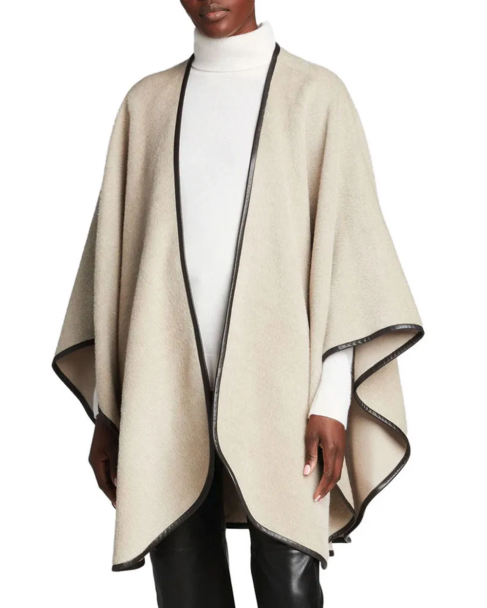 Baby Alpaca Leather Trim Cape in Oatmeal