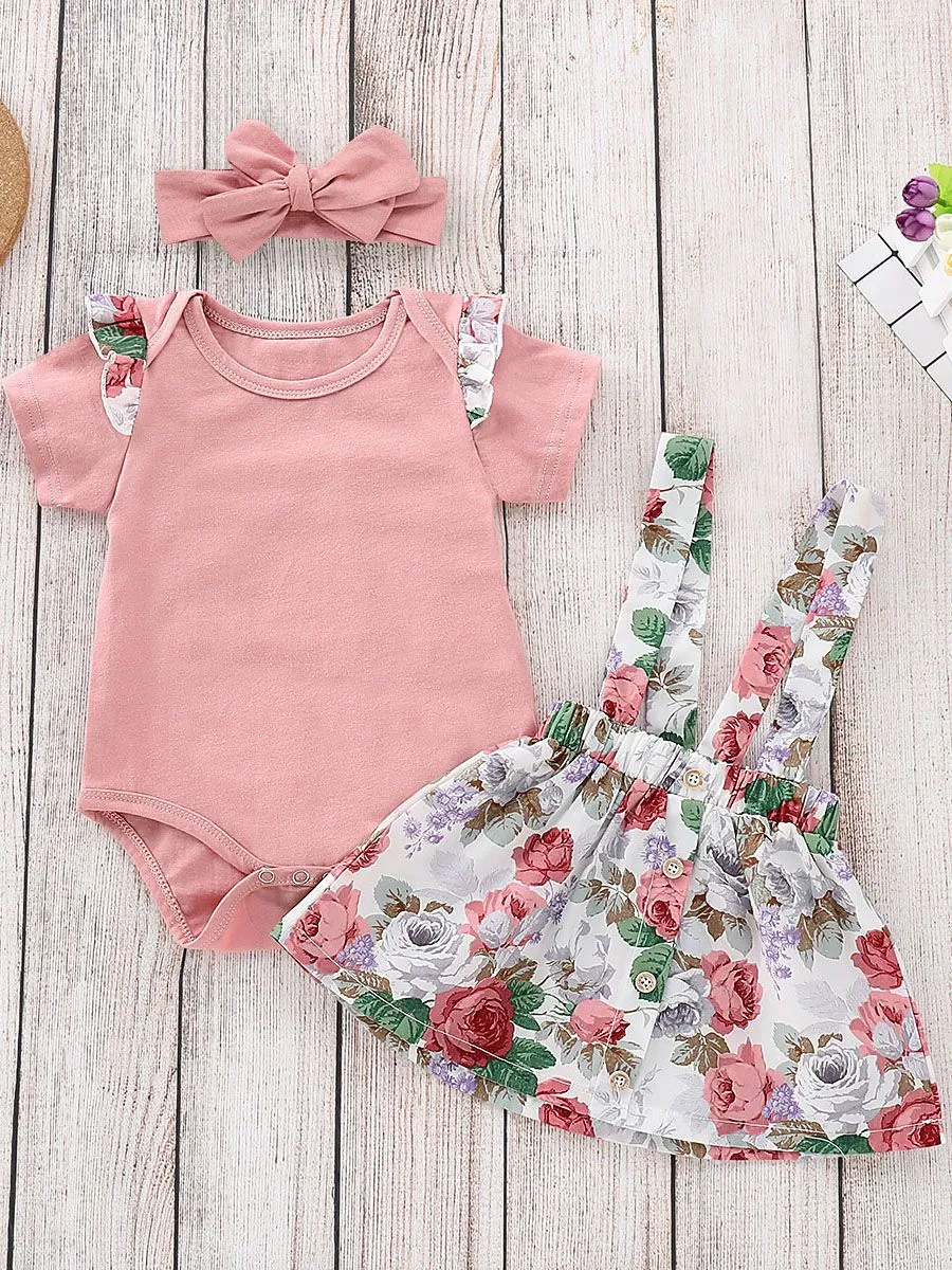 Baby Girl Summer 3-piece Outfits Flutter Sleeve Bodysuit  Jumper Skirt  Pink Headband