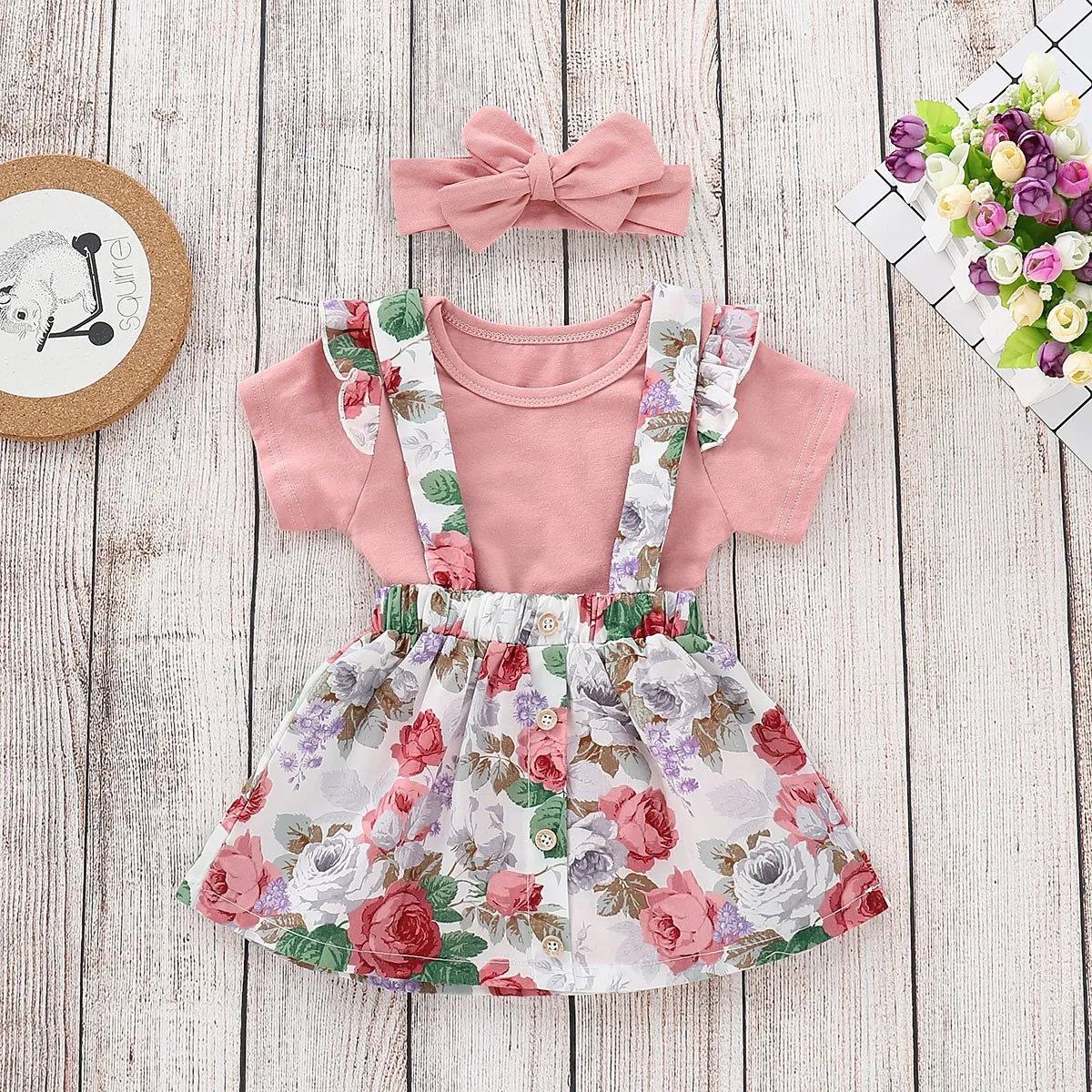 Baby Girl Summer 3-piece Outfits Flutter Sleeve Bodysuit  Jumper Skirt  Pink Headband