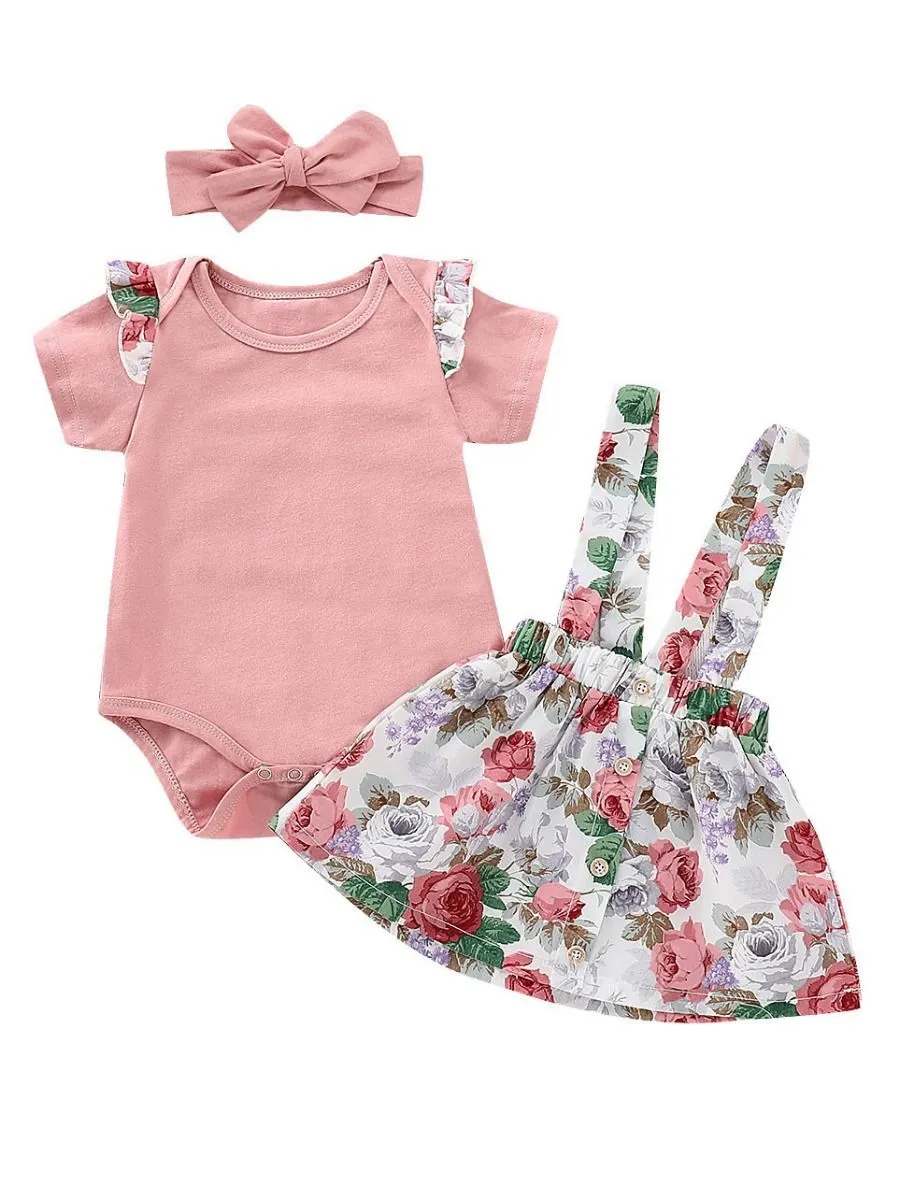 Baby Girl Summer 3-piece Outfits Flutter Sleeve Bodysuit  Jumper Skirt  Pink Headband