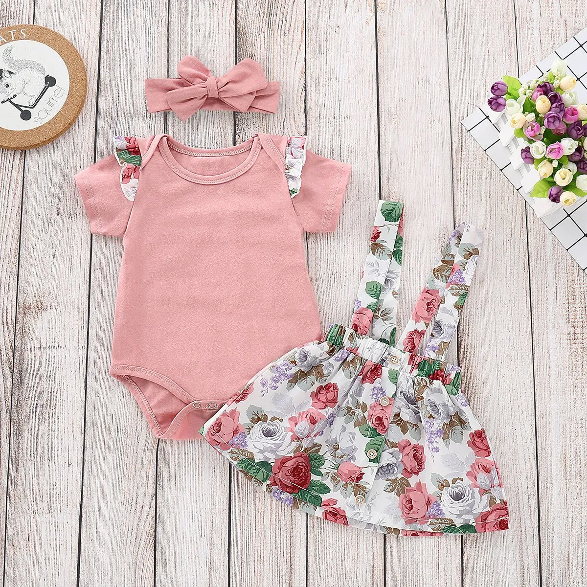 Baby Girl Summer 3-piece Outfits Flutter Sleeve Bodysuit  Jumper Skirt  Pink Headband