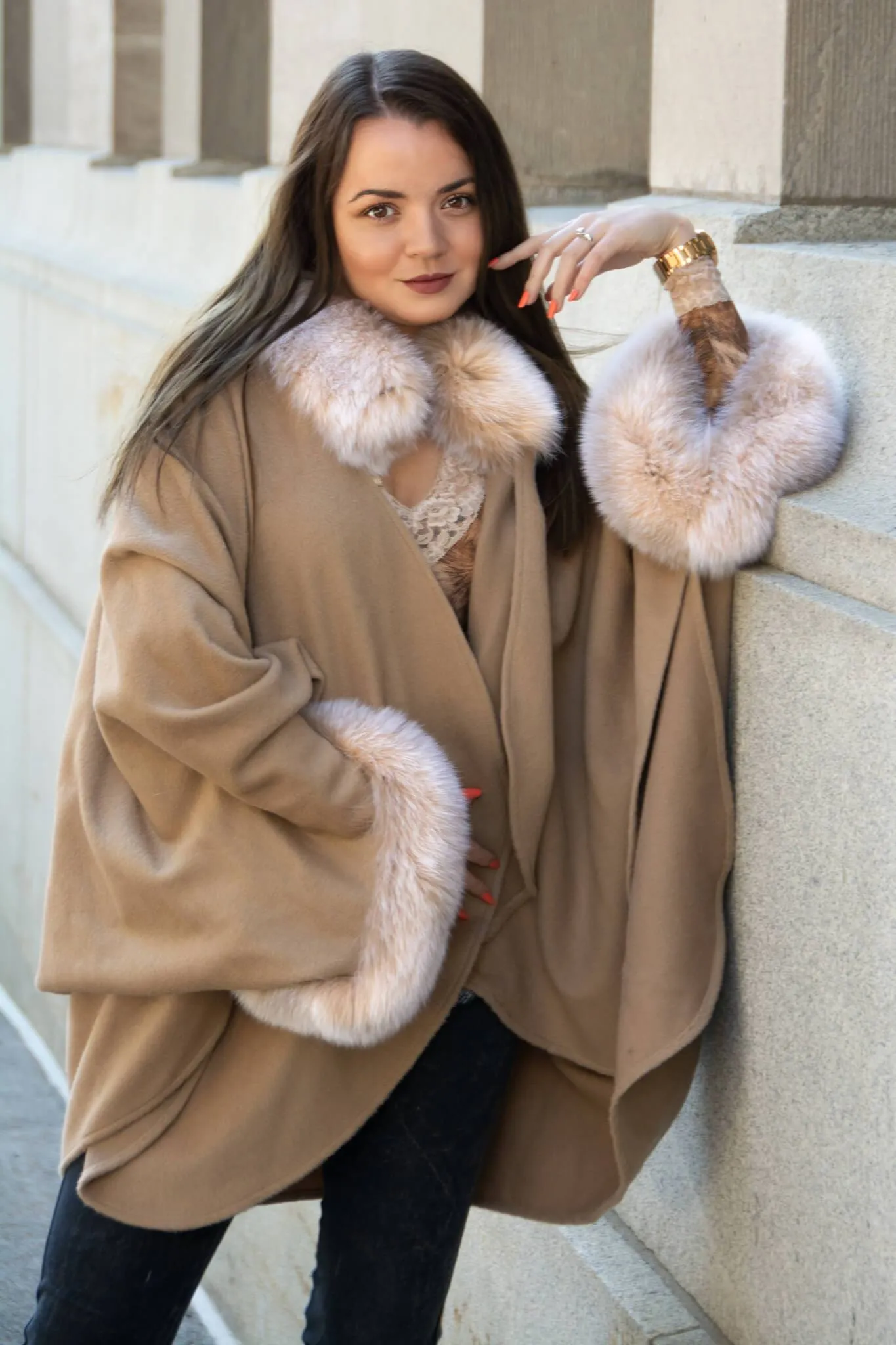 Beige Alpaca Cape With Fox Trim Cuffs And Collar