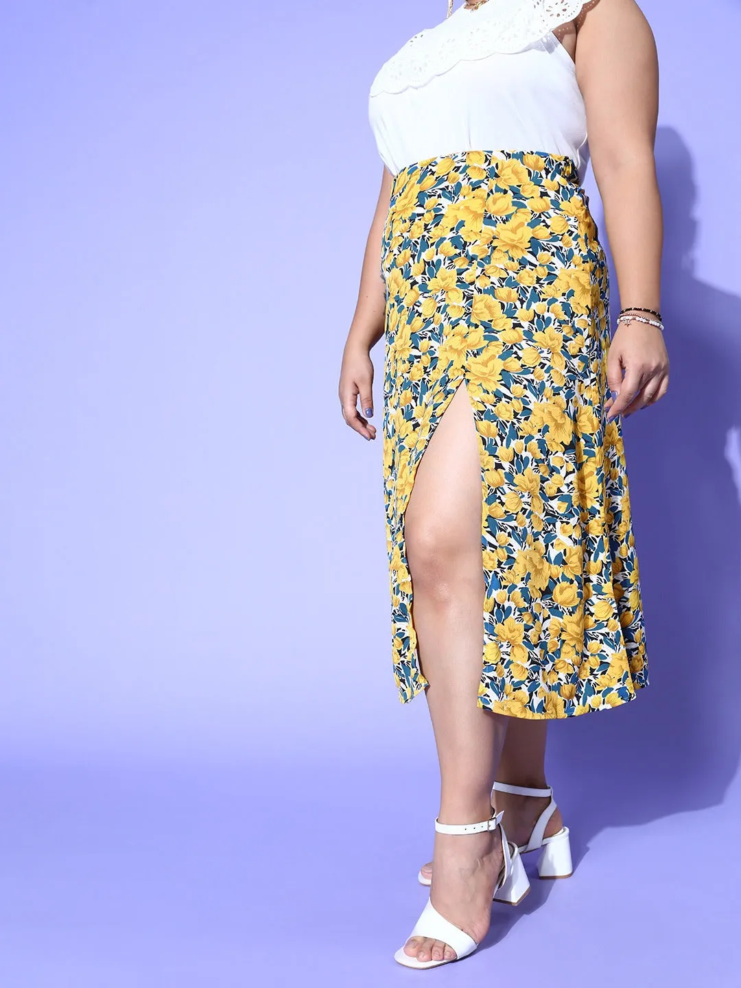 Berrylush Women Plus Size Bright Yellow & Blue Floral Printed Thigh-High Slited A-Line Midi Roman Column Skirt