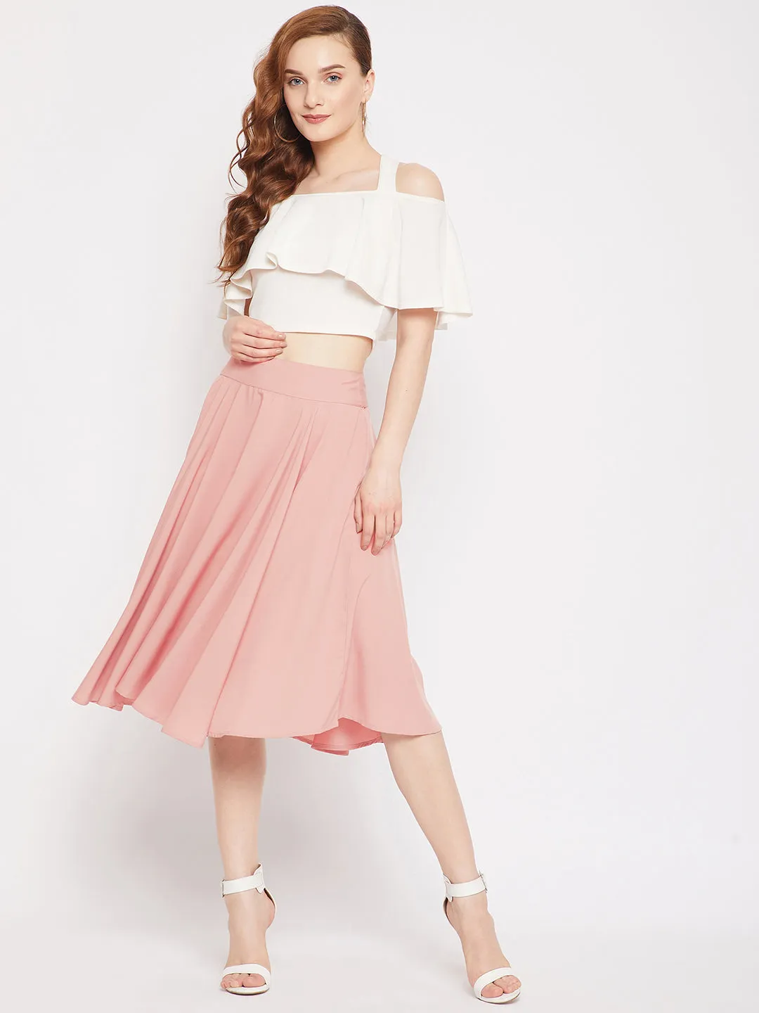 Berrylush Women Solid Pink Mid-Rise Elastic Waist Flared A-Line Midi Skirt