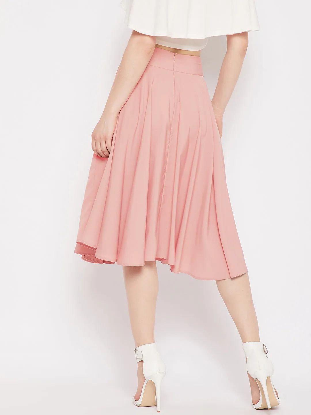 Berrylush Women Solid Pink Mid-Rise Elastic Waist Flared A-Line Midi Skirt