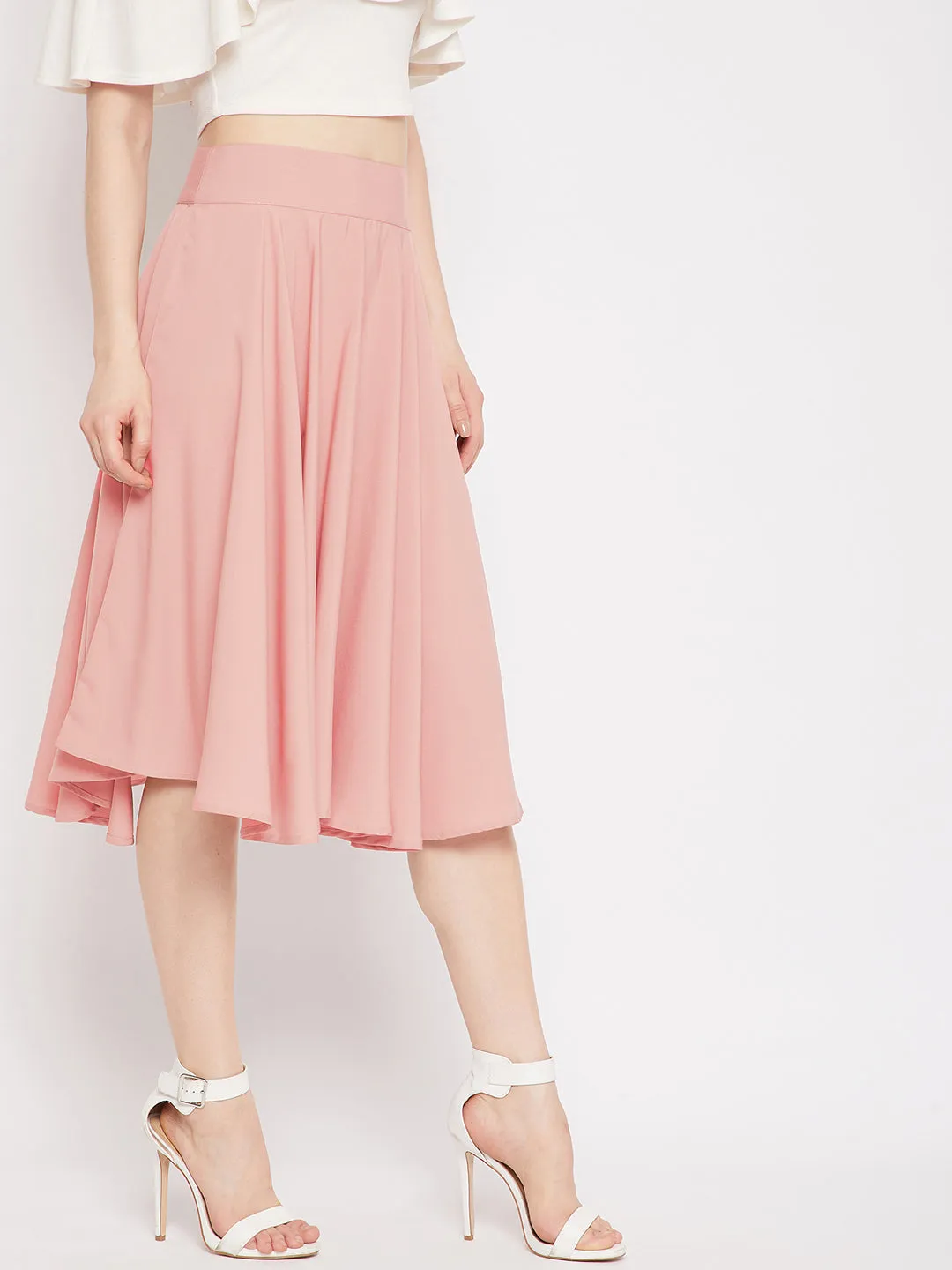 Berrylush Women Solid Pink Mid-Rise Elastic Waist Flared A-Line Midi Skirt