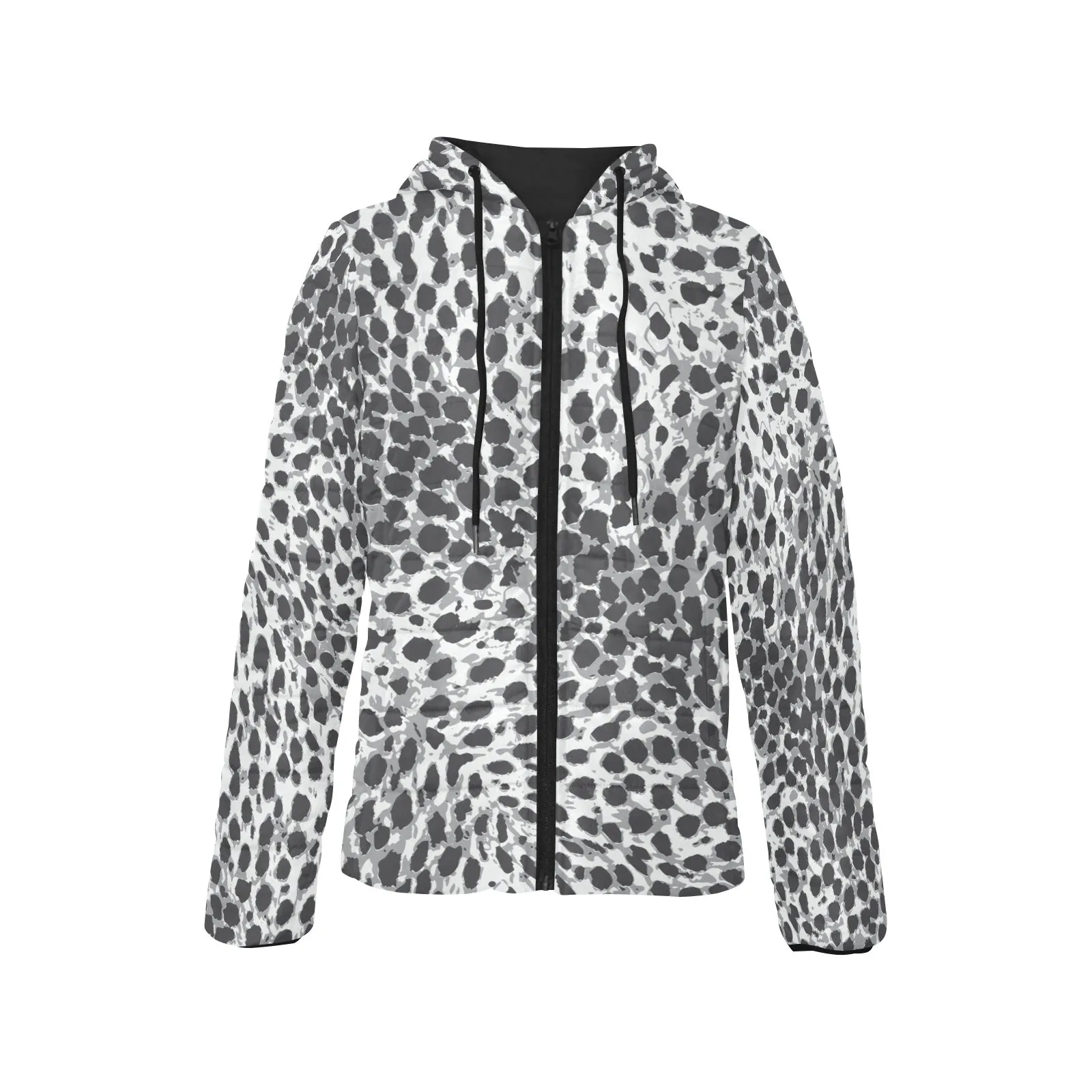 Black & White Leopard Print Womens Hooded Puffer Jacket