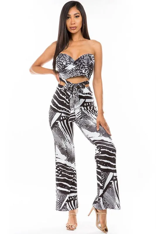 Black and White Halter Top and Wide-Leg Pant Set