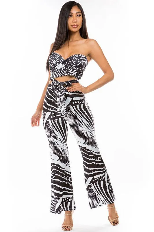 Black and White Halter Top and Wide-Leg Pant Set