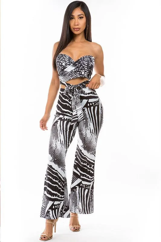 Black and White Halter Top and Wide-Leg Pant Set