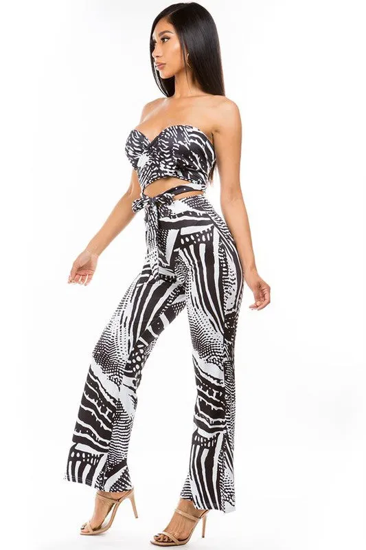 Black and White Halter Top and Wide-Leg Pant Set