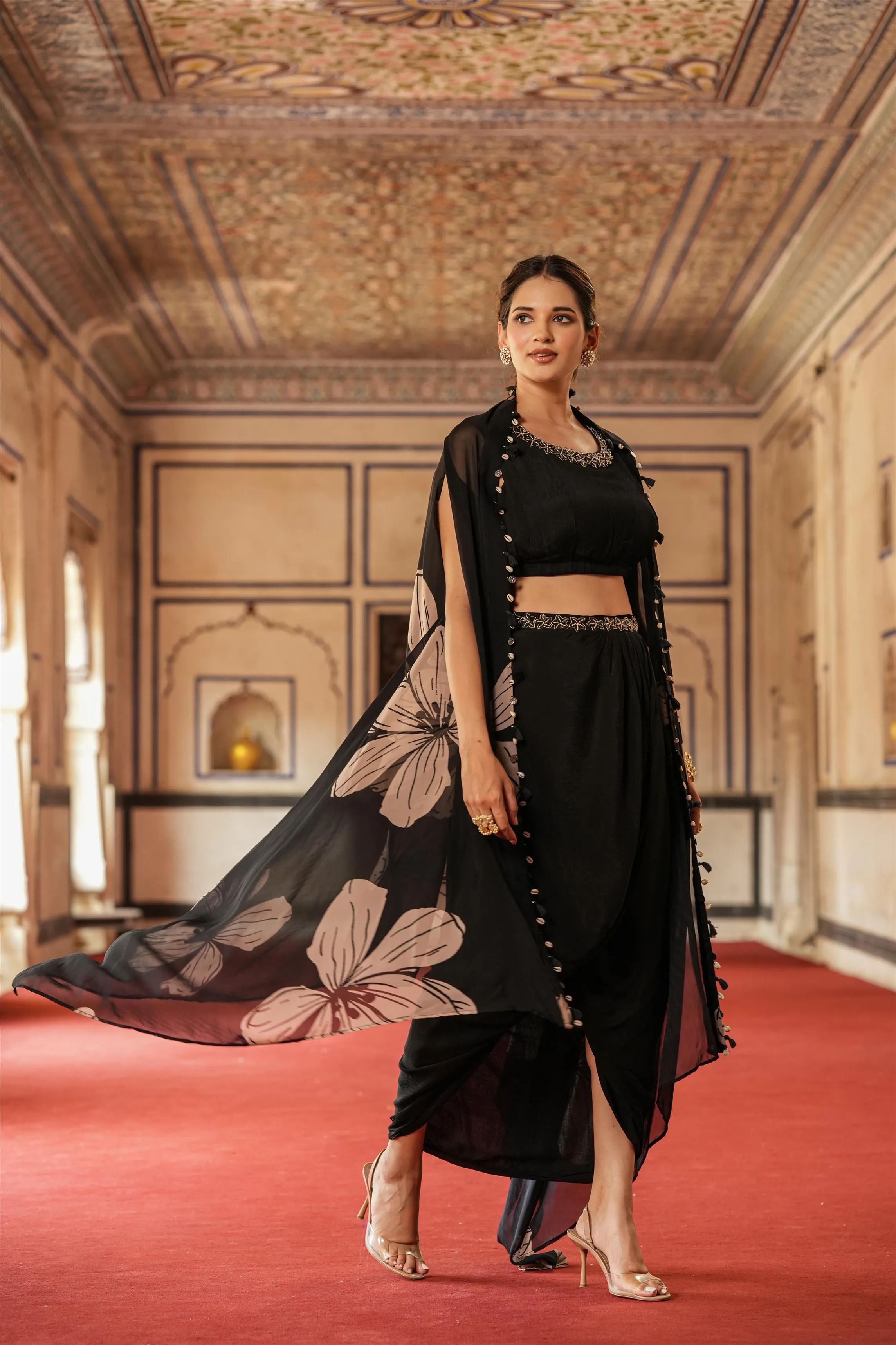 Black Chinon Silk Floral Print Drape Skirt, Choli And Cape Set