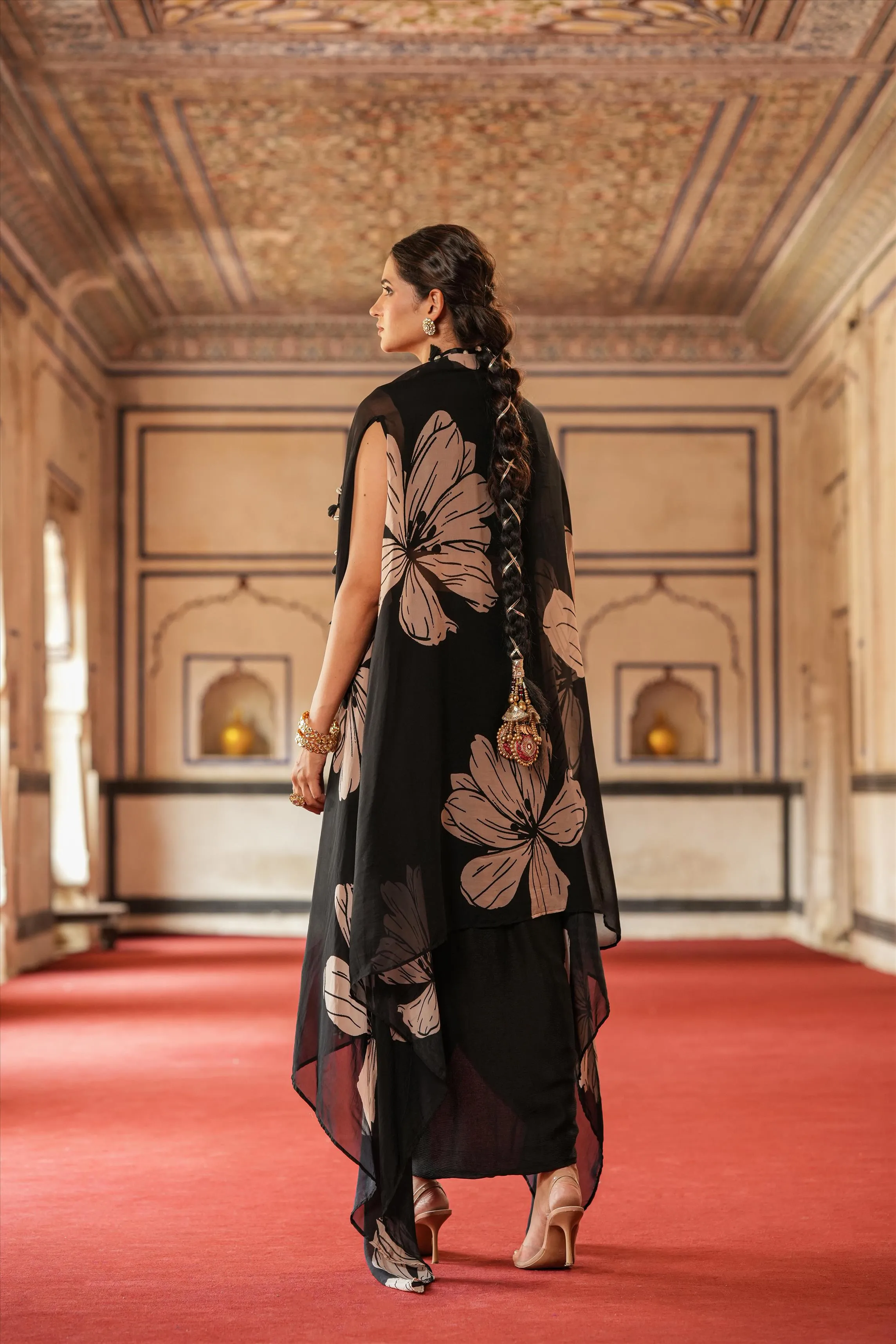 Black Chinon Silk Floral Print Drape Skirt, Choli And Cape Set