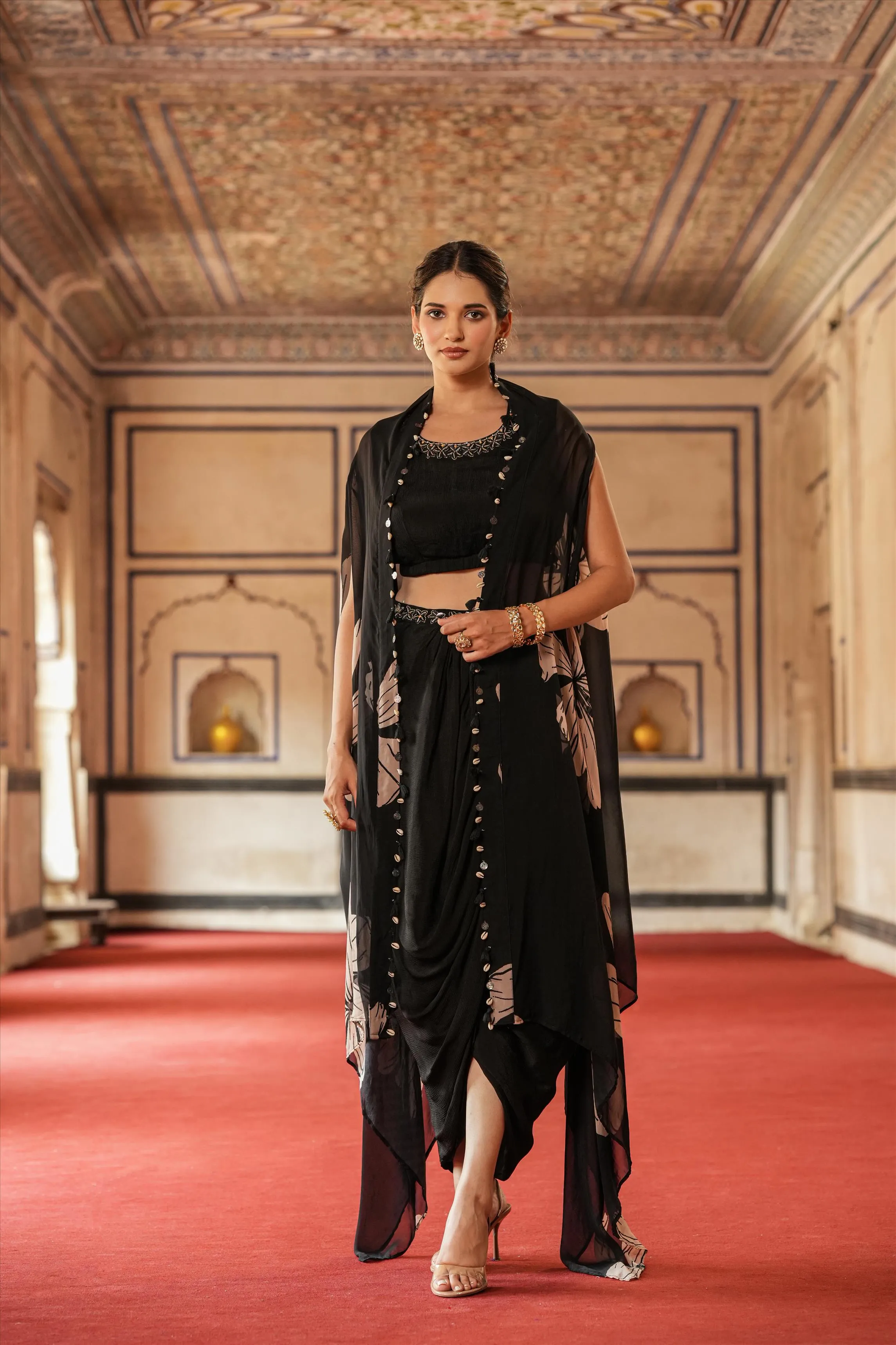 Black Chinon Silk Floral Print Drape Skirt, Choli And Cape Set