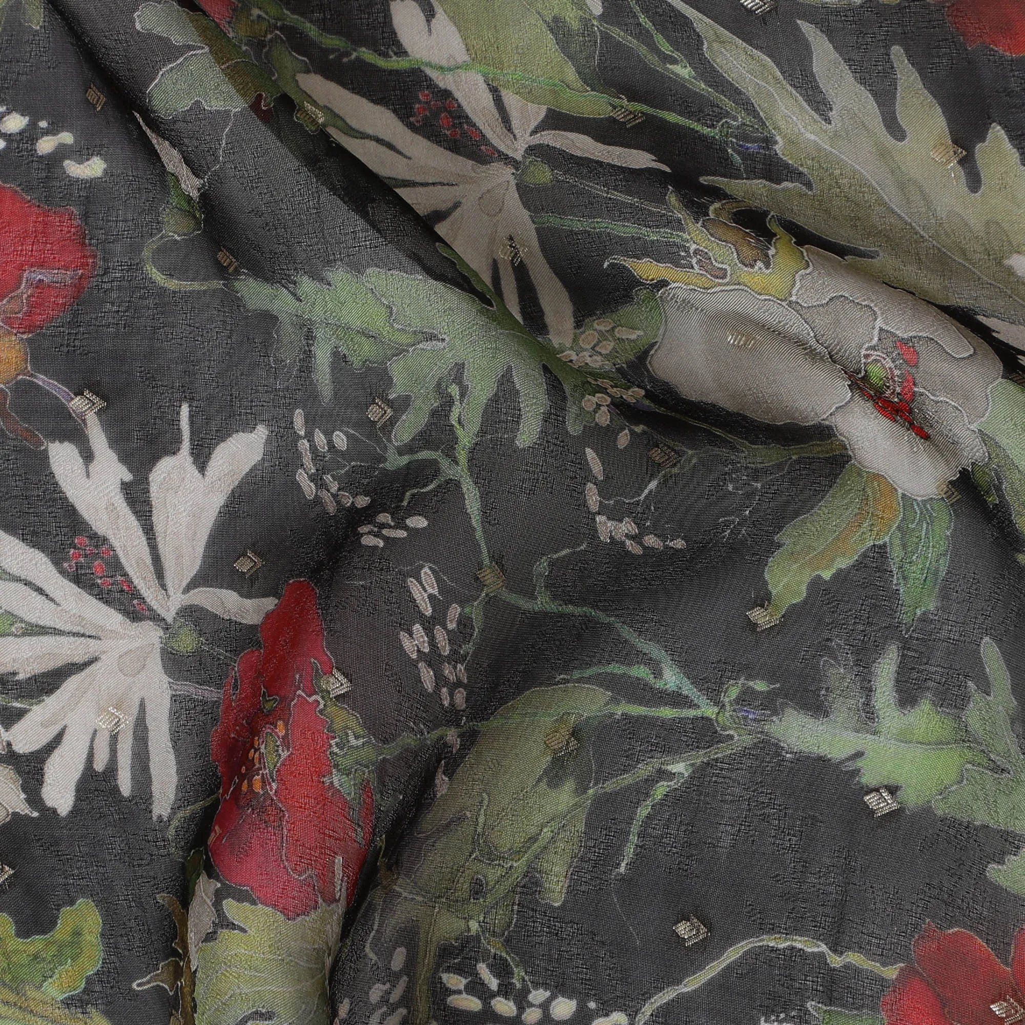 Black Floral Synthetic Organza Fabric - 110 cm Width, Made in India-D19650