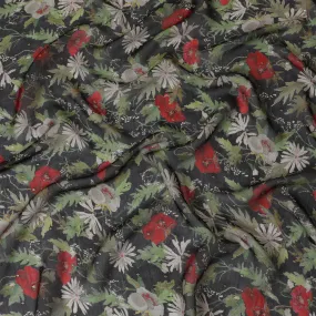 Black Floral Synthetic Organza Fabric - 110 cm Width, Made in India-D19650