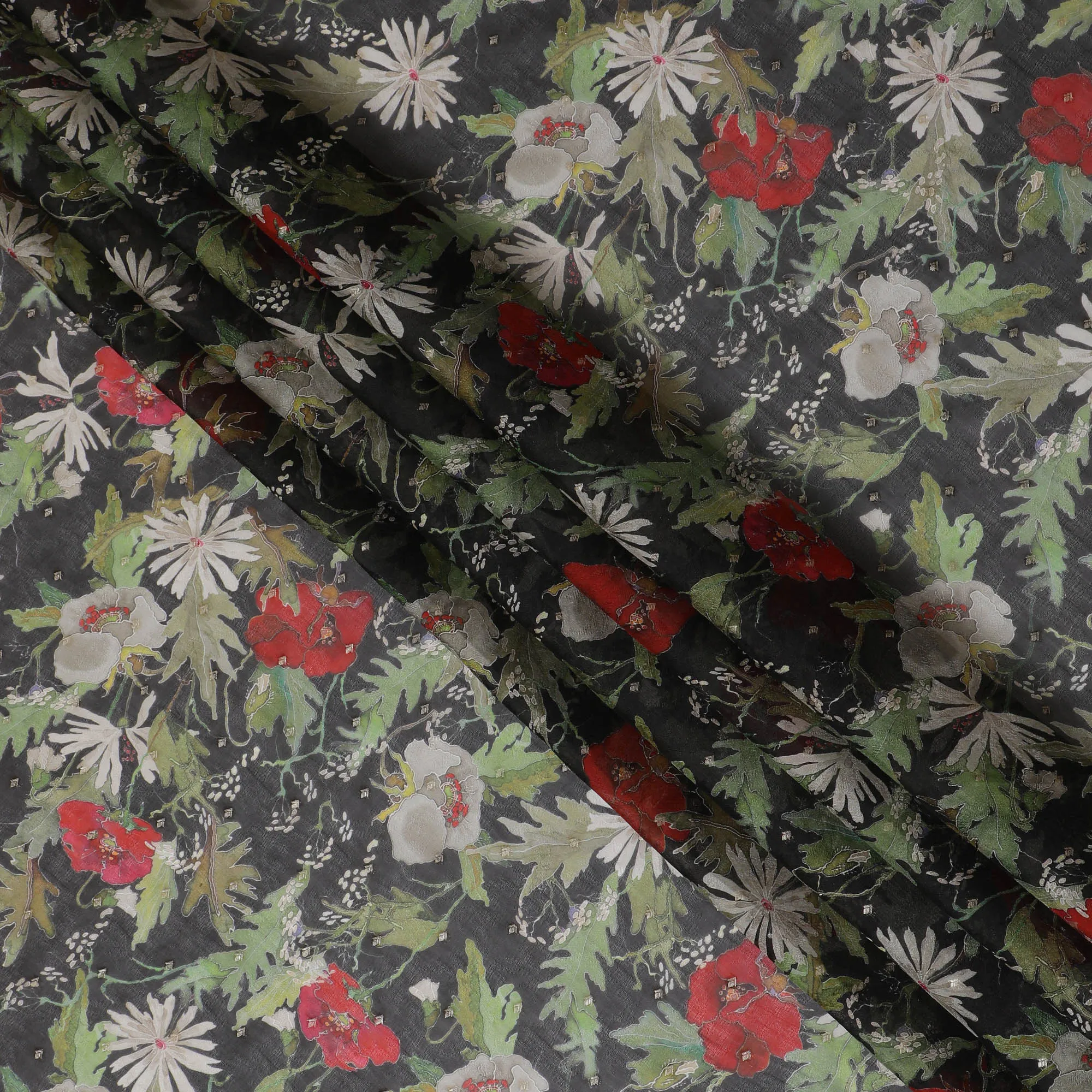 Black Floral Synthetic Organza Fabric - 110 cm Width, Made in India-D19650