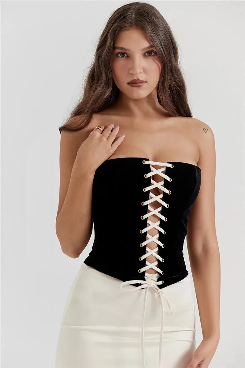 Black Lace Up Tube Top Trendy And White Satin Midi Skirt Set