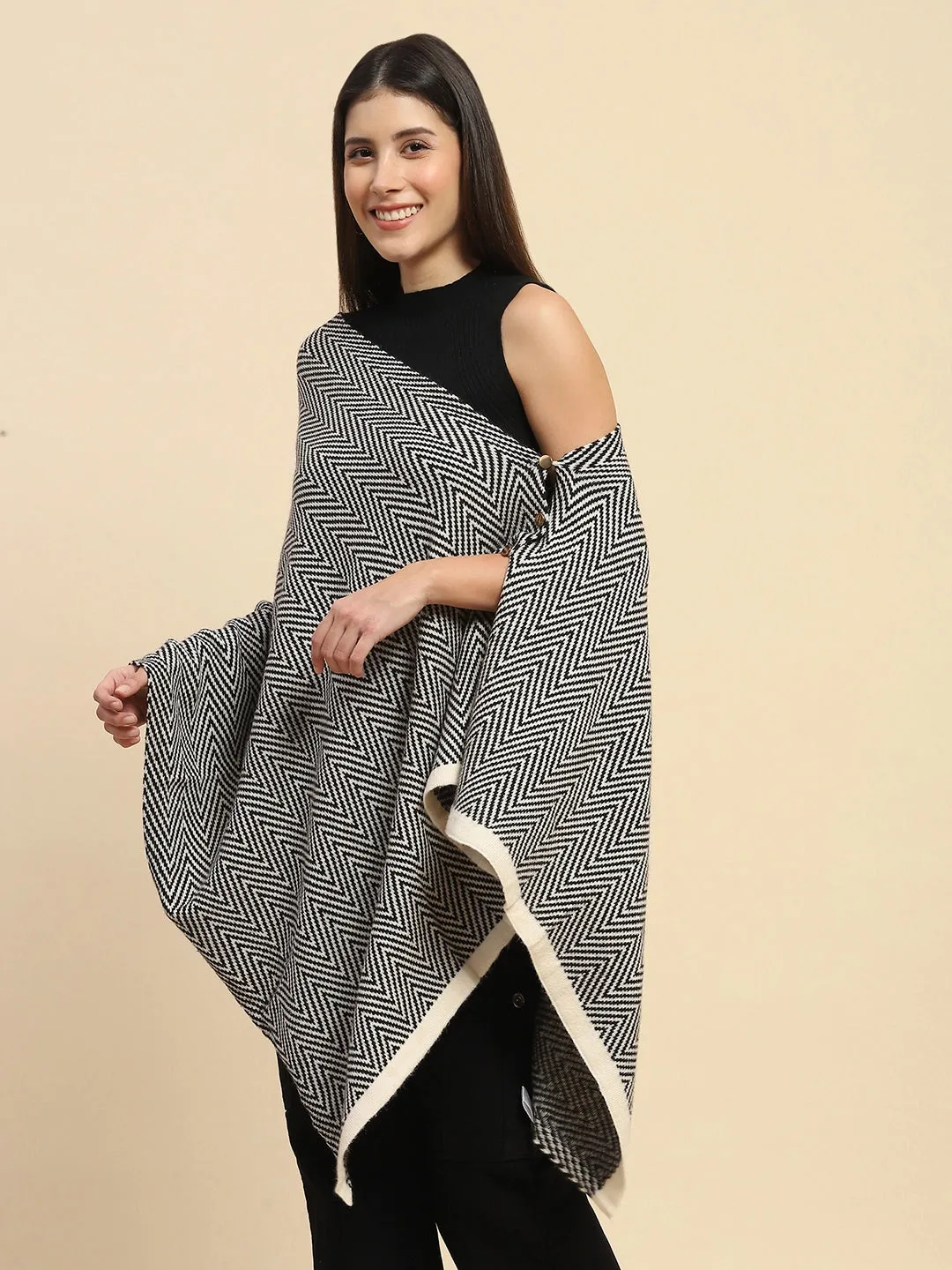 Black Viscose Blend  Knitted Loose Fit Cape/Shawl