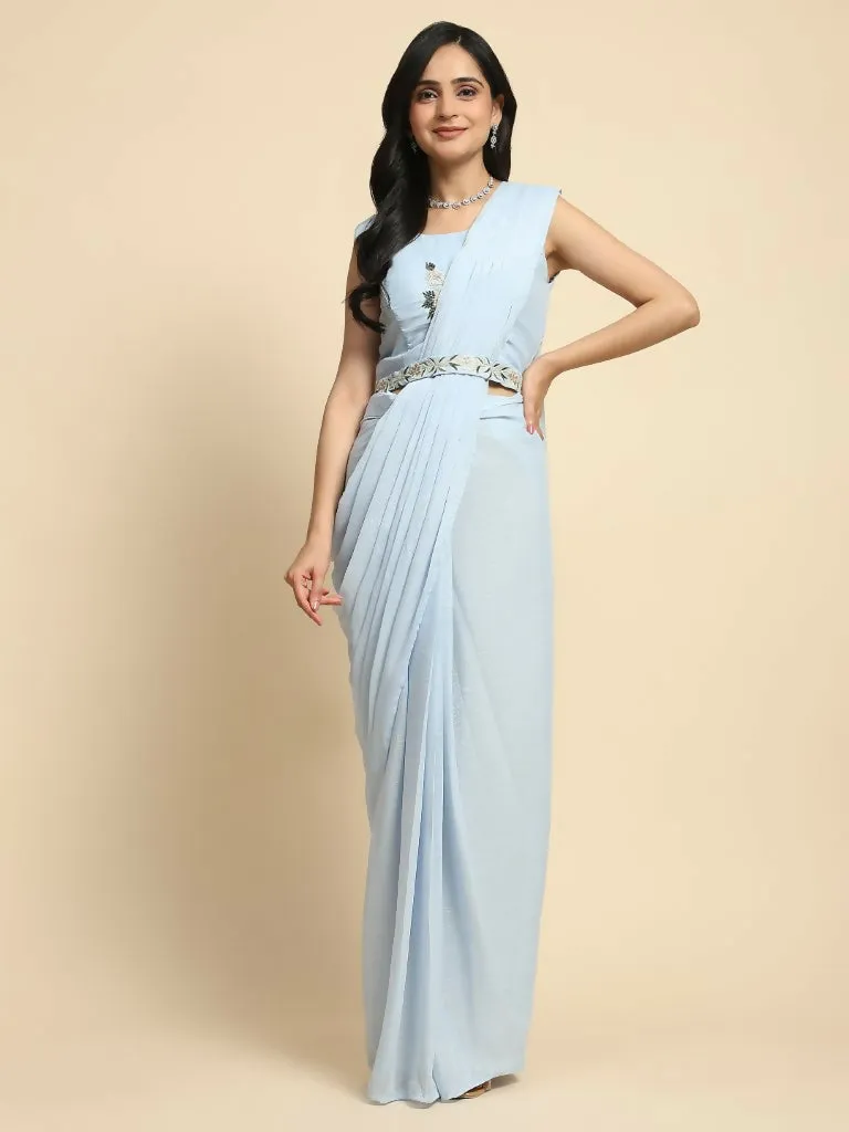 Blue Chiffon Solid Ready to wear Saree with stitched Blouse - Aayan