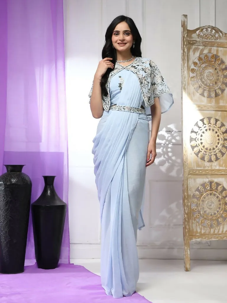 Blue Chiffon Solid Ready to wear Saree with stitched Blouse - Aayan