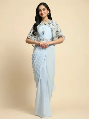 Blue Chiffon Solid Ready to wear Saree with stitched Blouse - Aayan