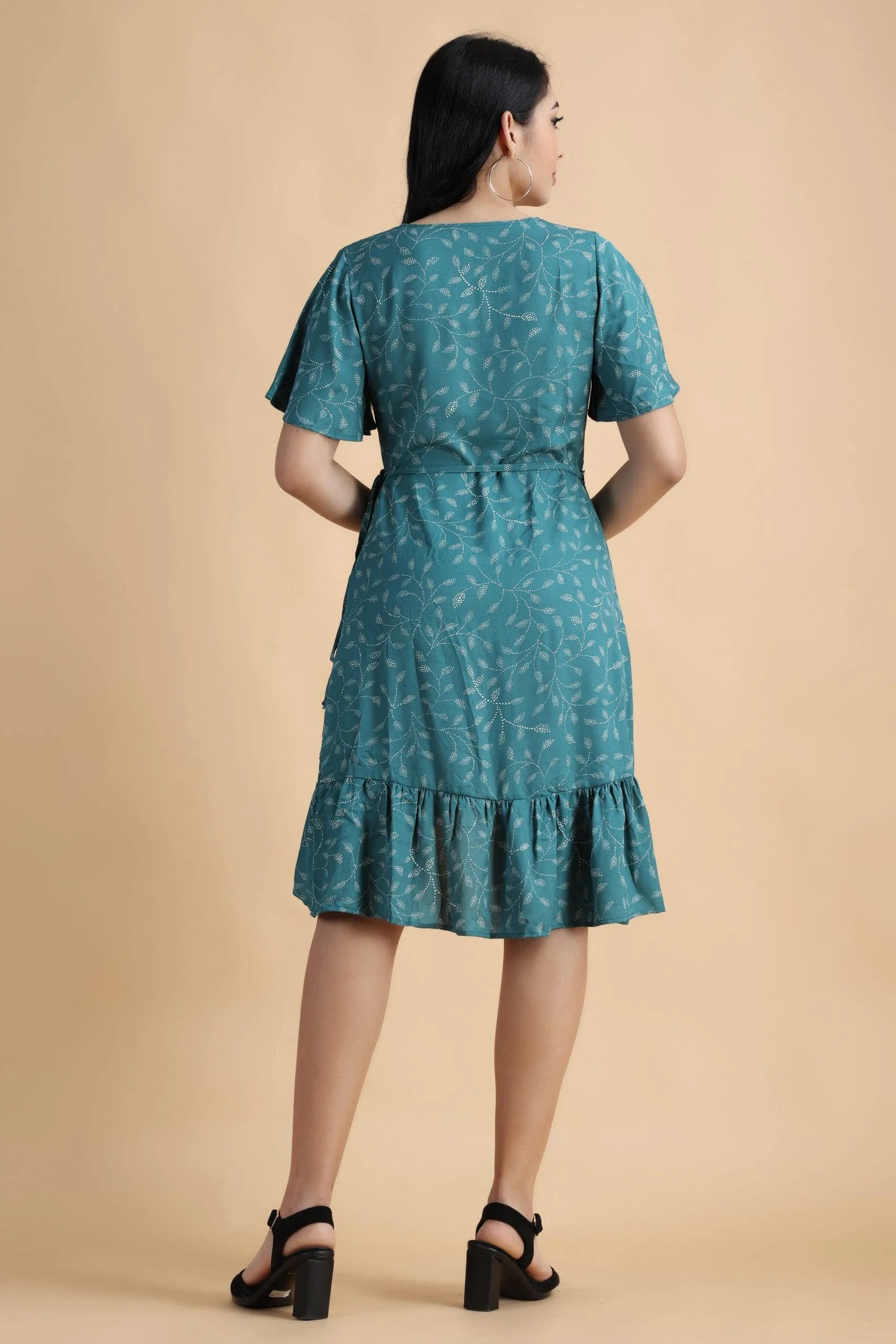 Blue Floral Foil Printed Wrap Around Asymmetric Dress