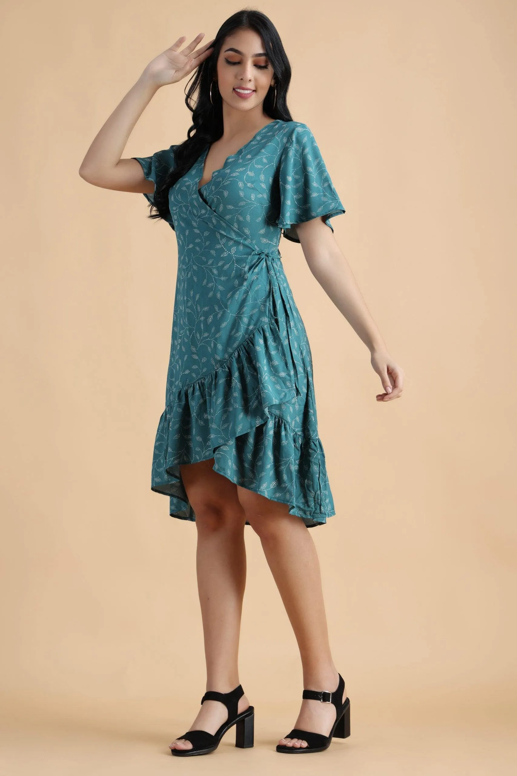 Blue Floral Foil Printed Wrap Around Asymmetric Dress